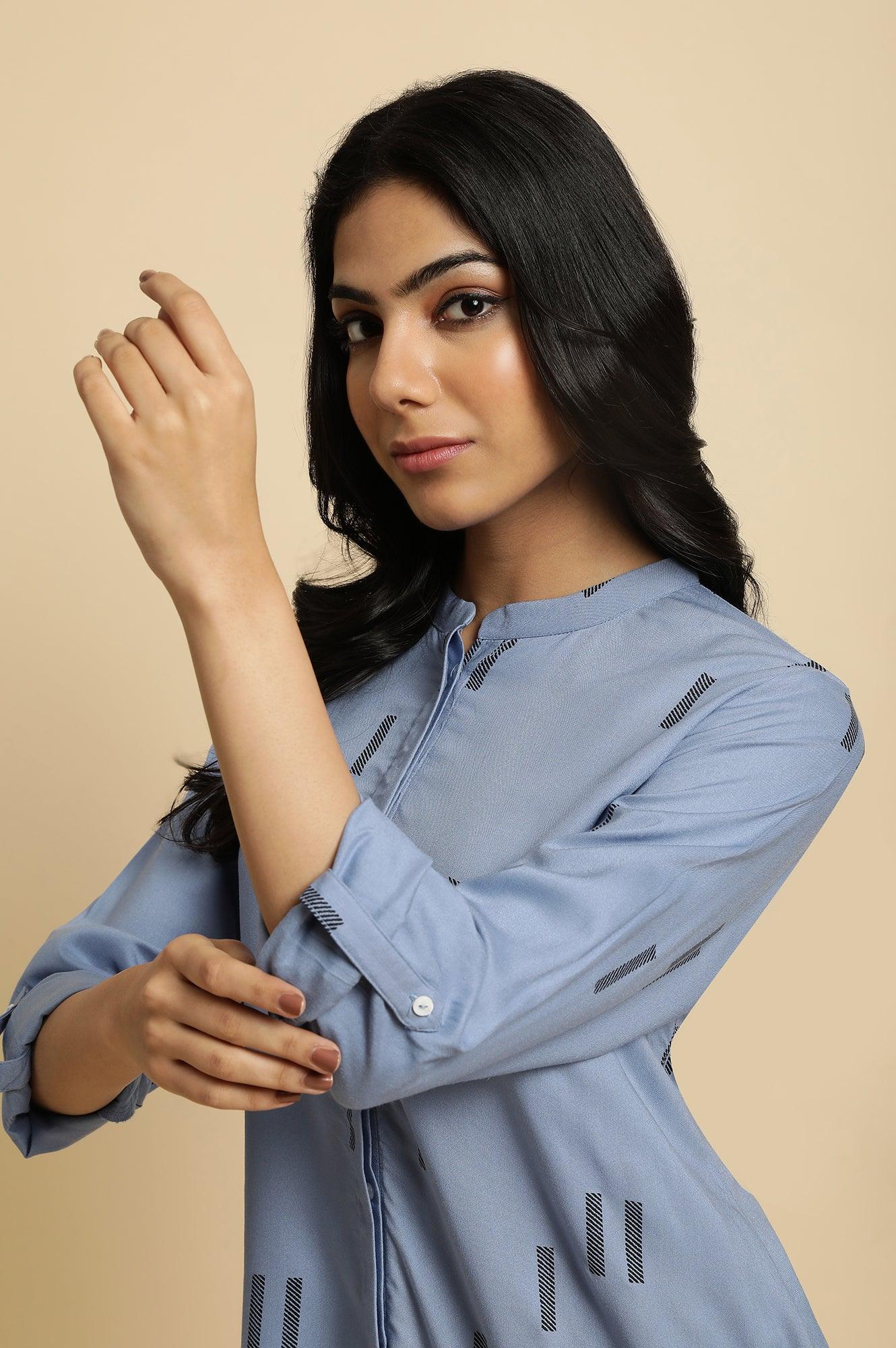 Blue Geometric Print Mandarin Collar Top - wforwoman