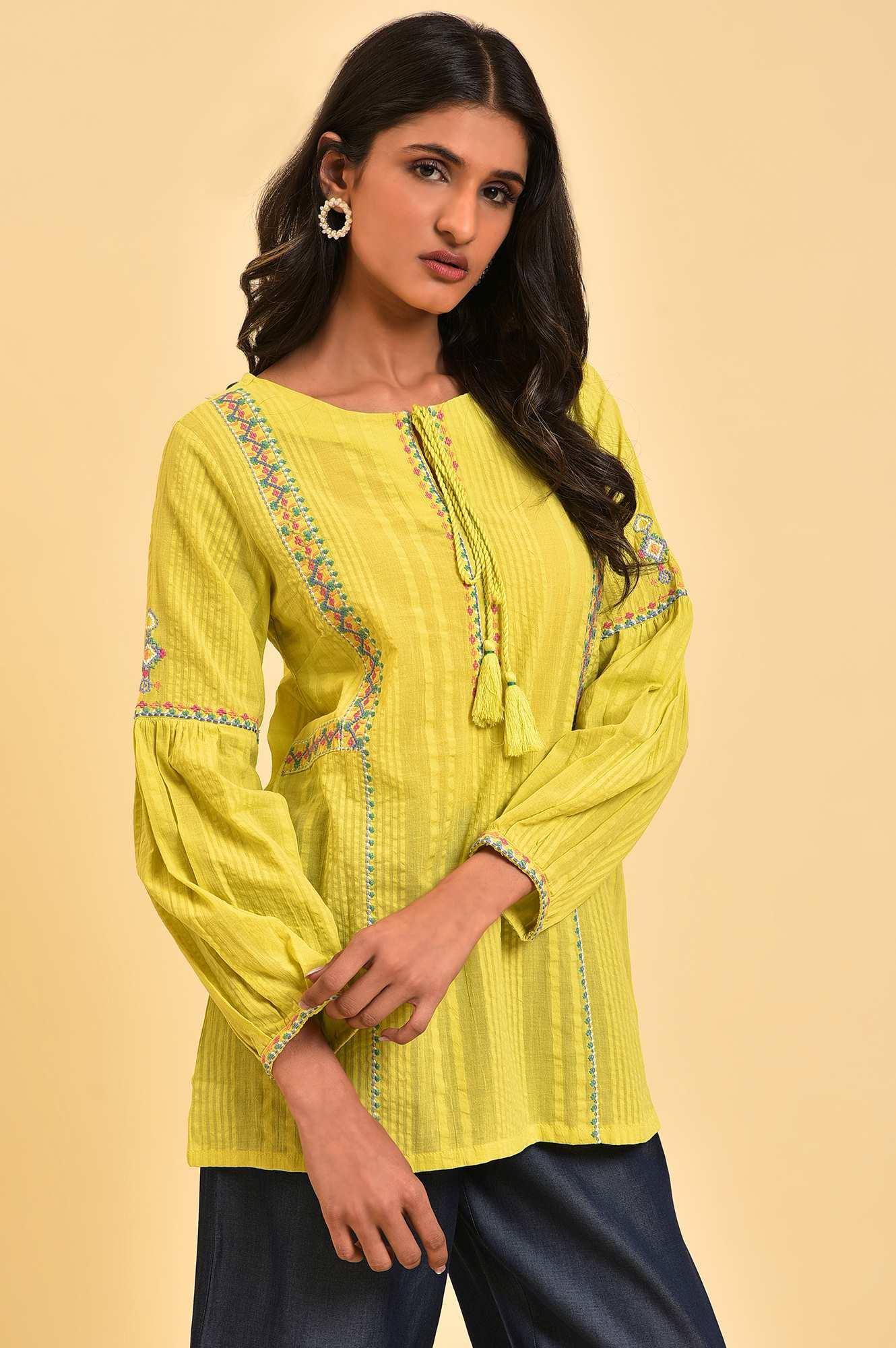 Lime Yellow Seer Sucker Printed Top - wforwoman