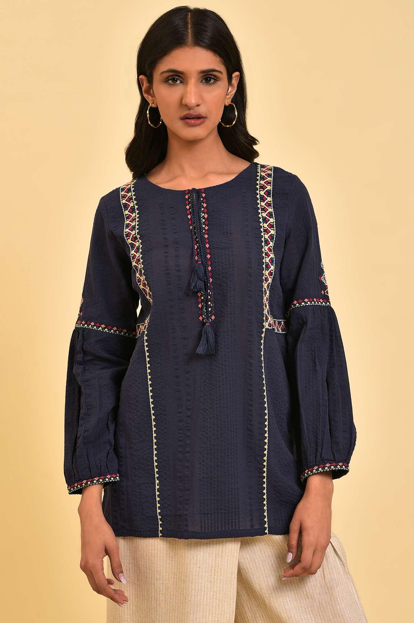 Navy Embroidered A-Line Western Top - wforwoman