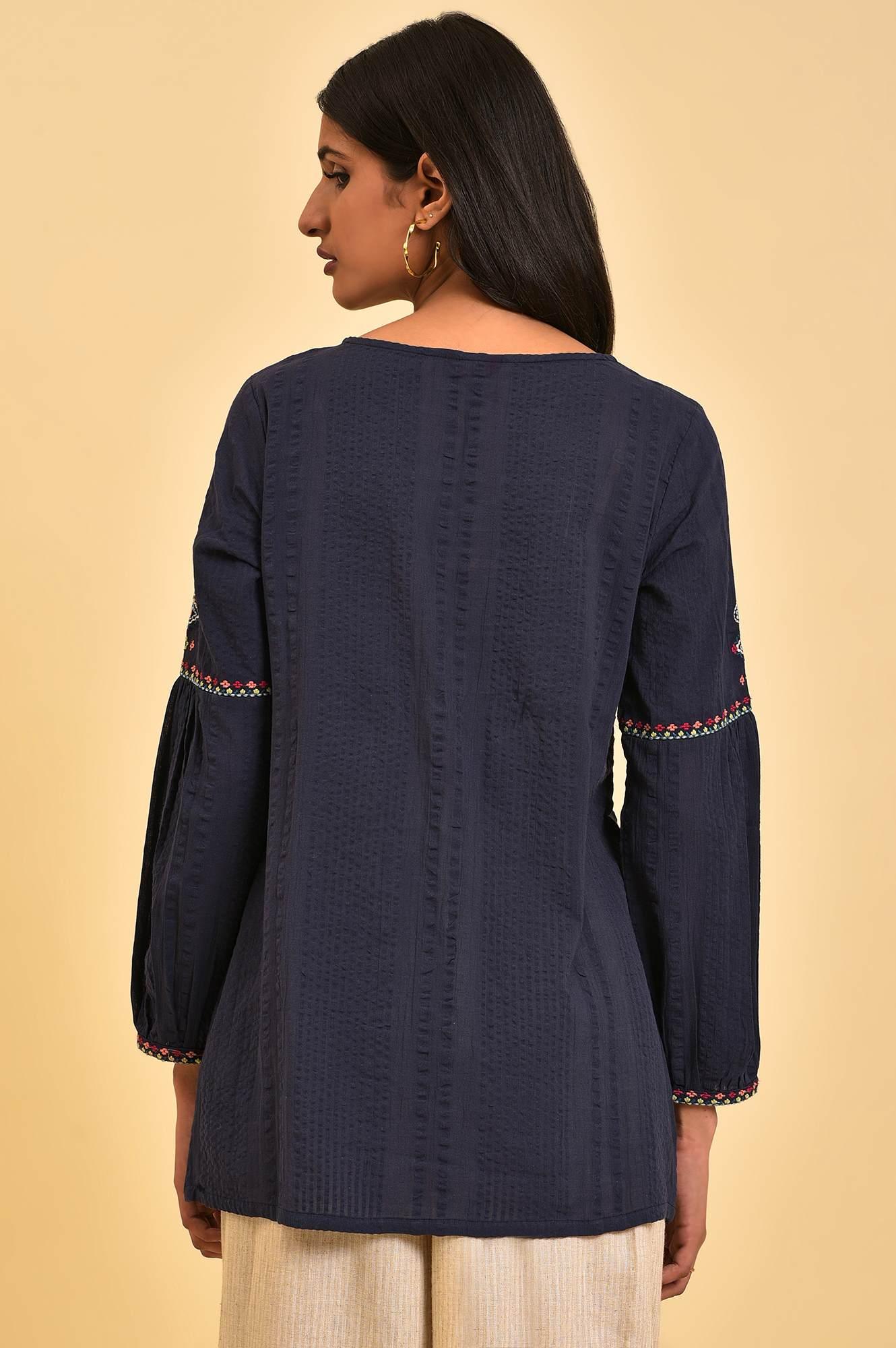 Navy Embroidered A-Line Western Top - wforwoman