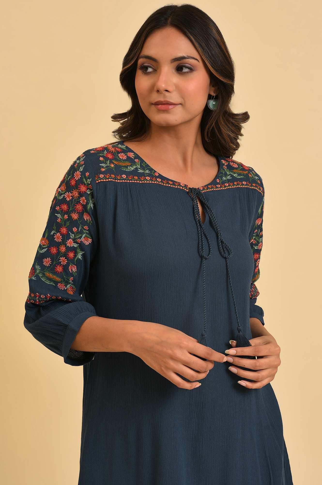 Blue Thread Embroidered Western Top - wforwoman
