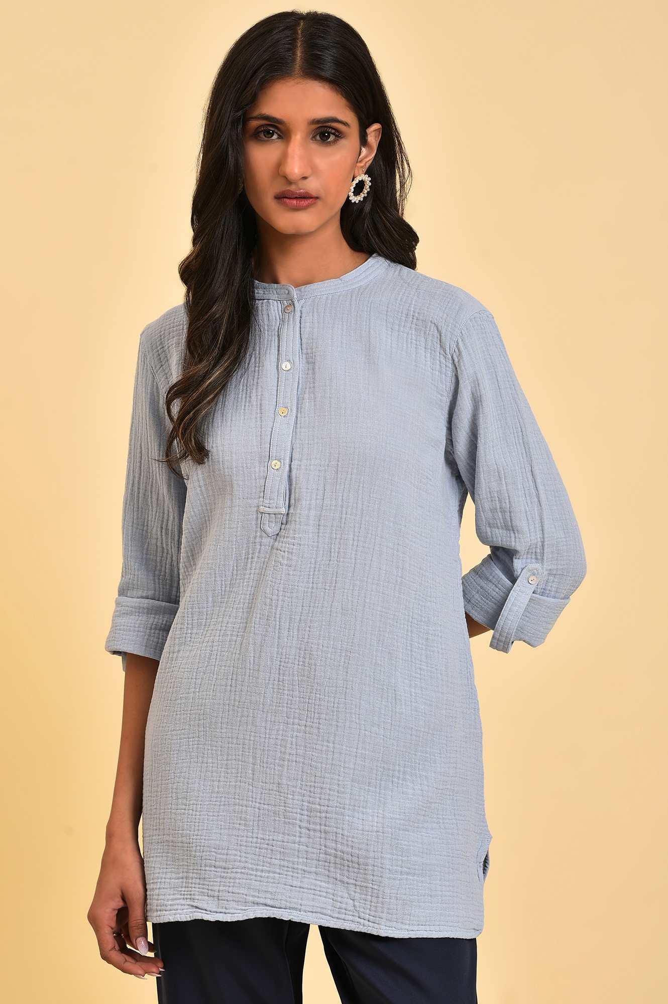 Blue Solid Cotton Casual Top - wforwoman