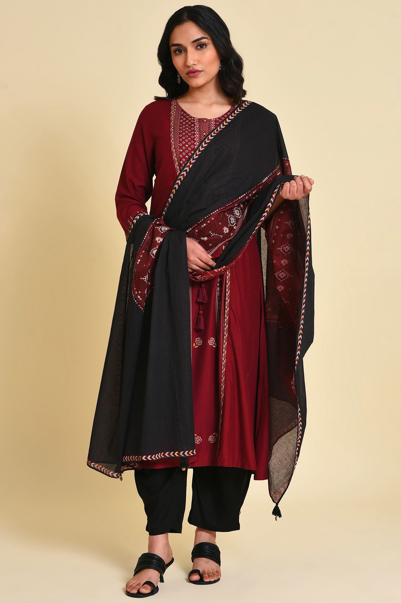 With Red Suit Printed Black Salwar And Dupatta Red And Black
