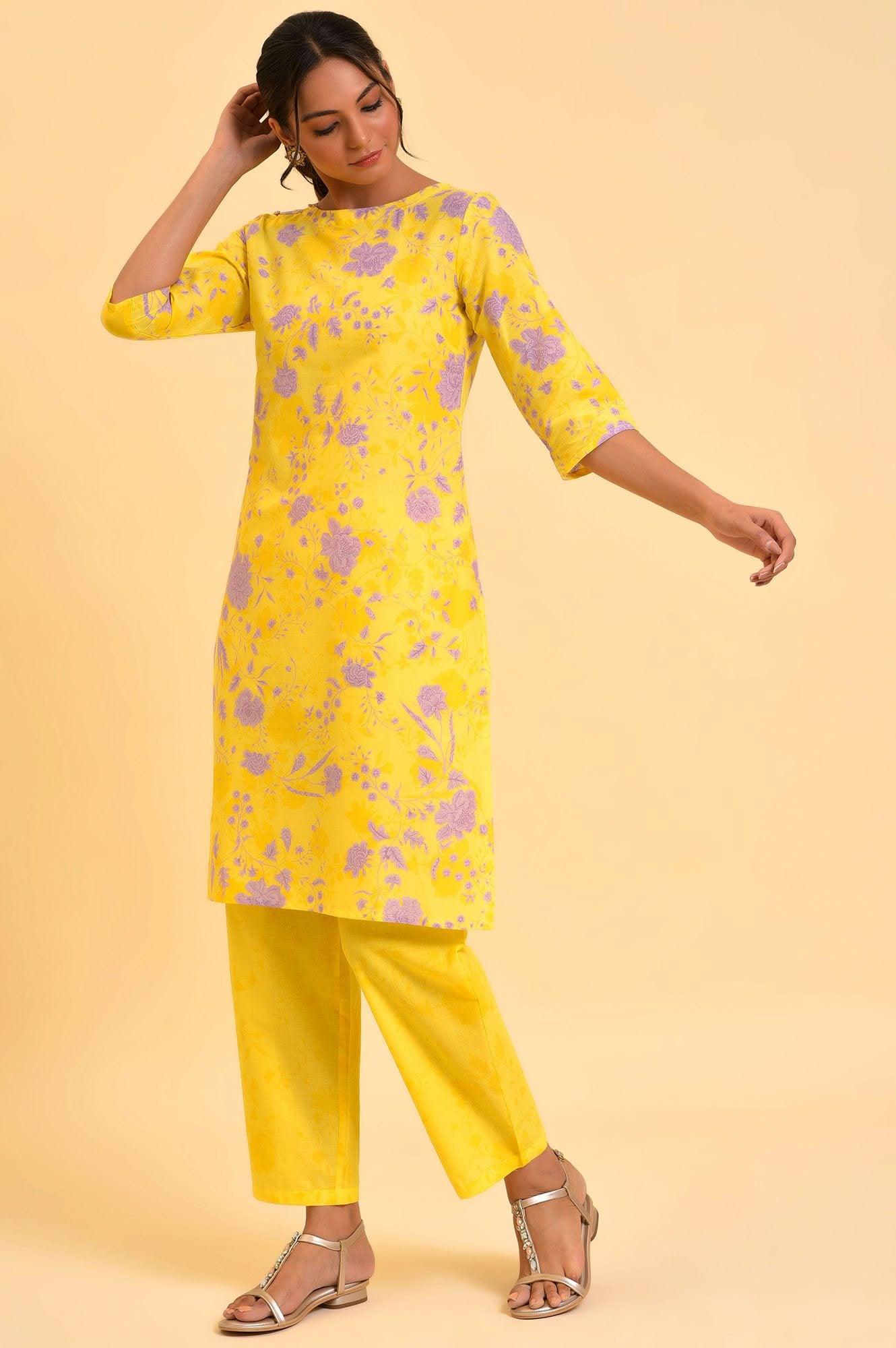 Yellow Floral Print kurta & Straight Pants Co-Ord Set - wforwoman