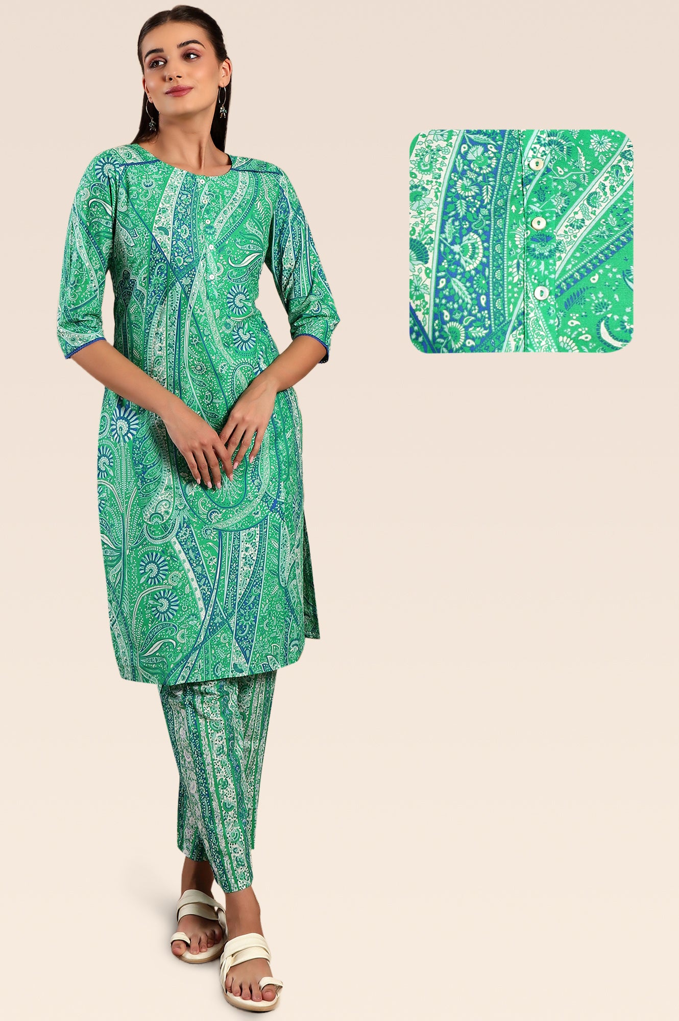 Green Paisley Print Play Pure Cotton Straight Kurta and Straight Pants Co-ord Set