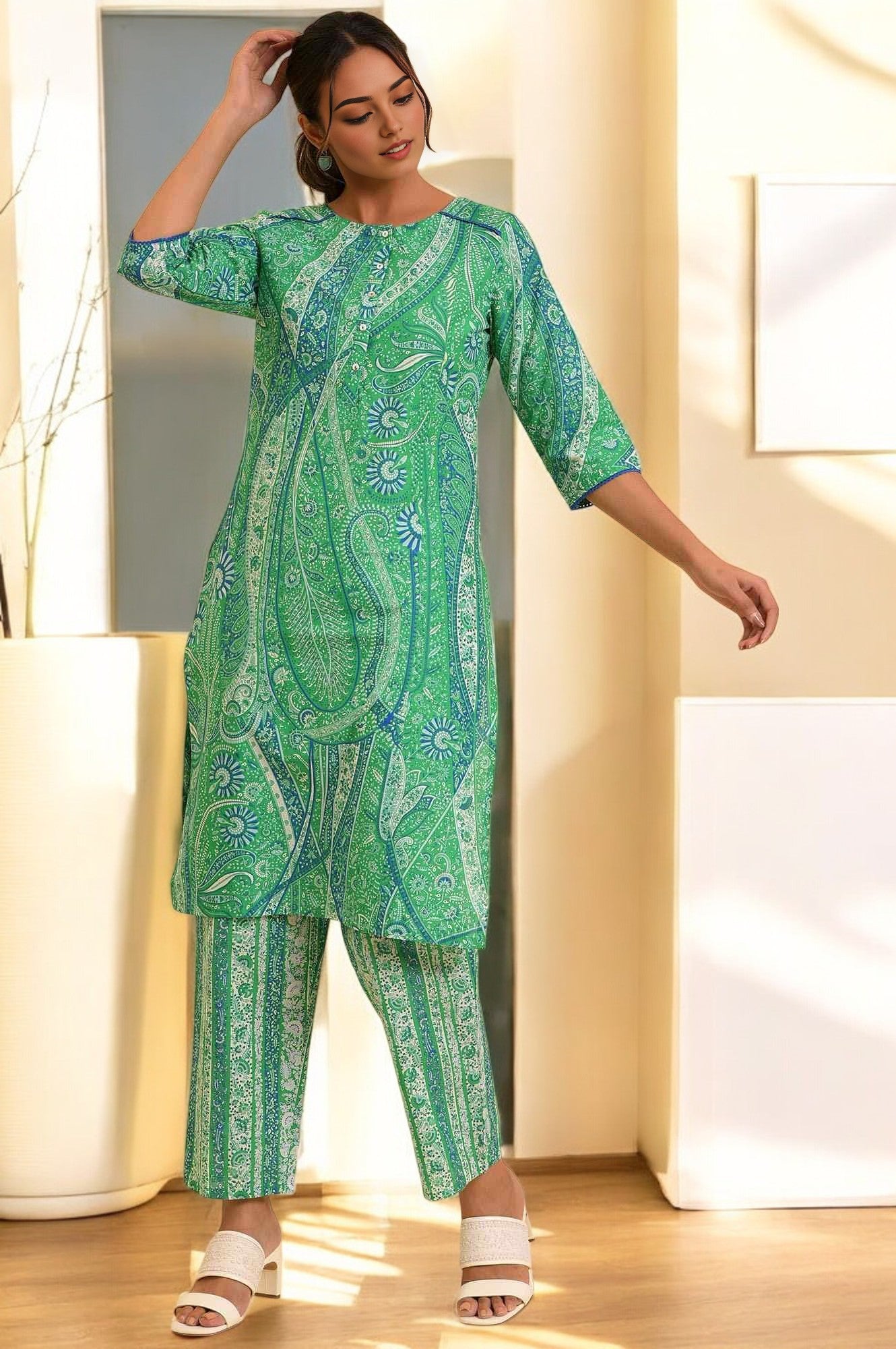 Buy Green Paisley Print Play Pure Cotton Straight Kurta and