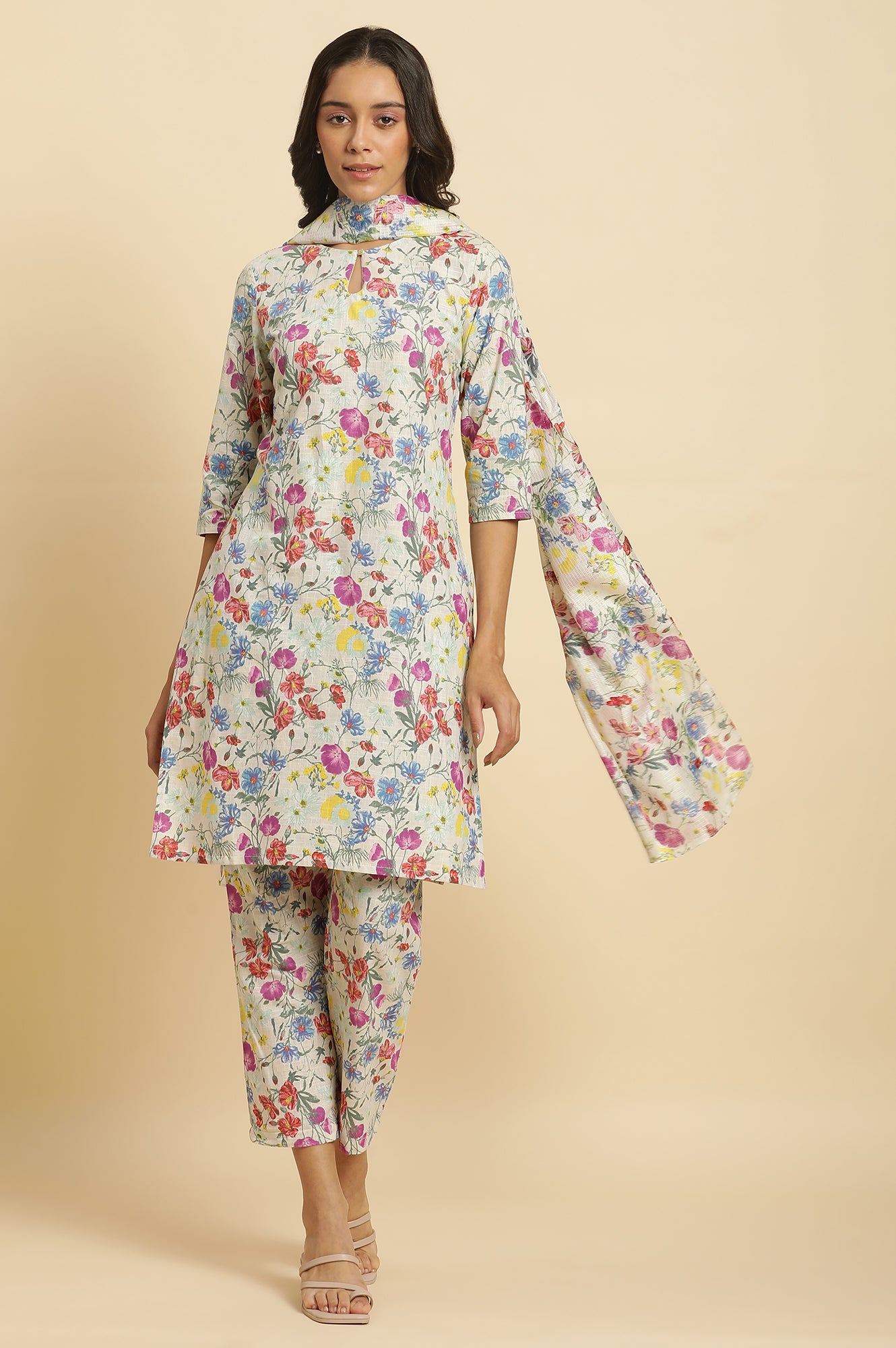 Ecru Floral Printed Kurta, Pants & Dupatta Set