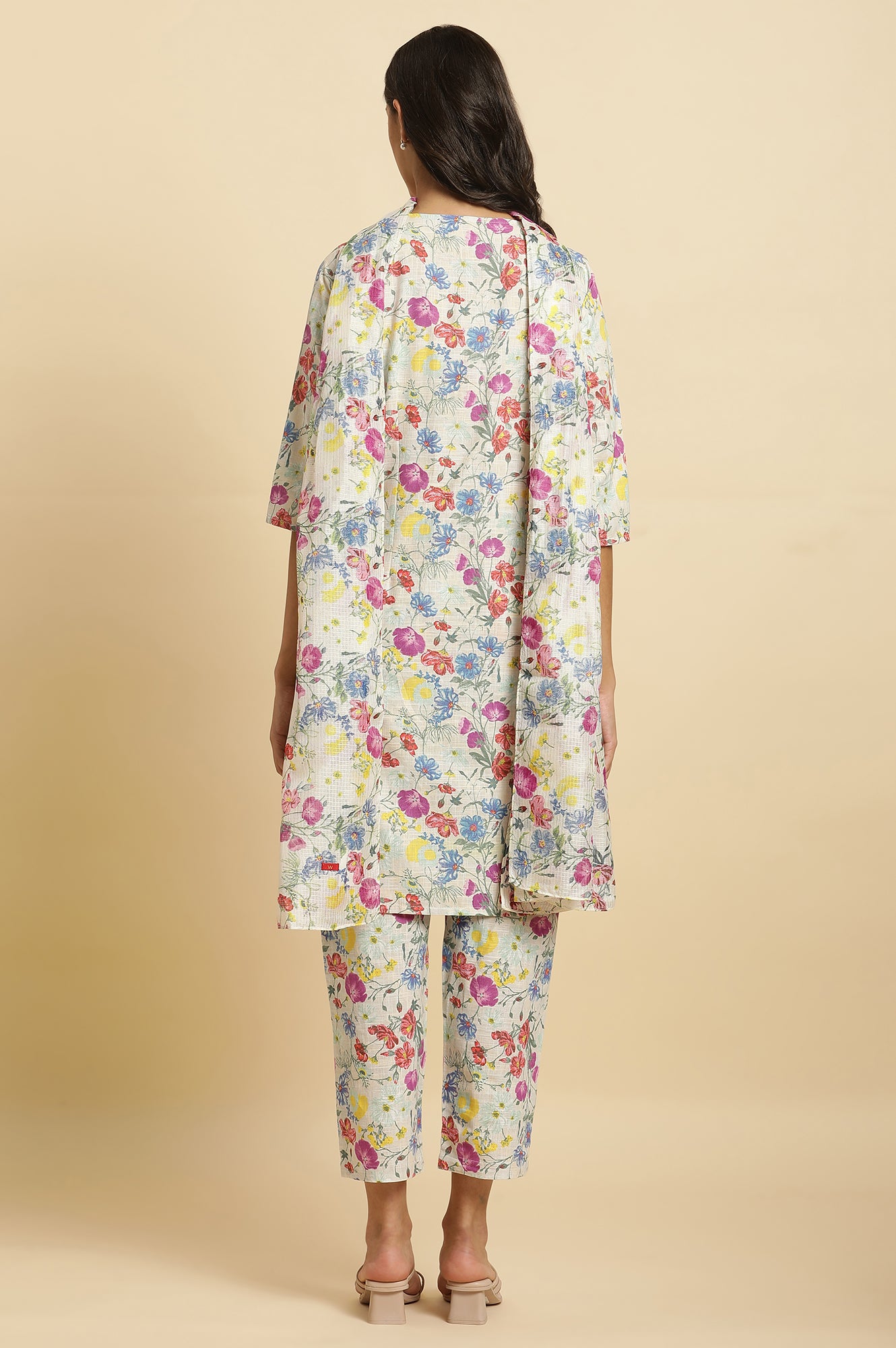 Ecru Floral Printed Kurta, Pants & Dupatta Set