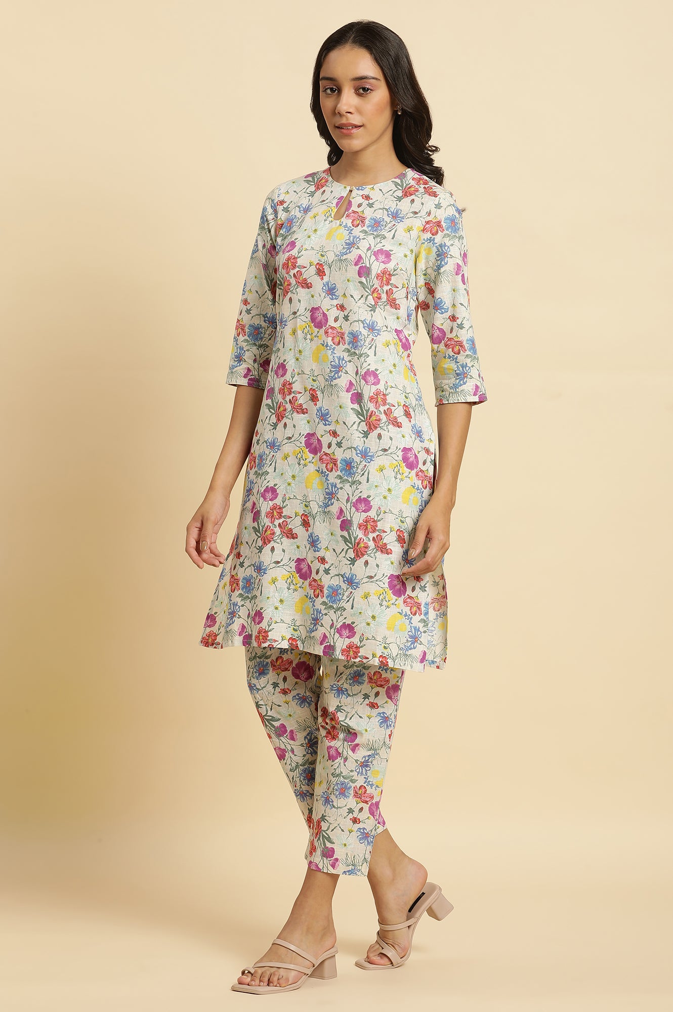 Ecru Floral Printed Kurta, Pants & Dupatta Set
