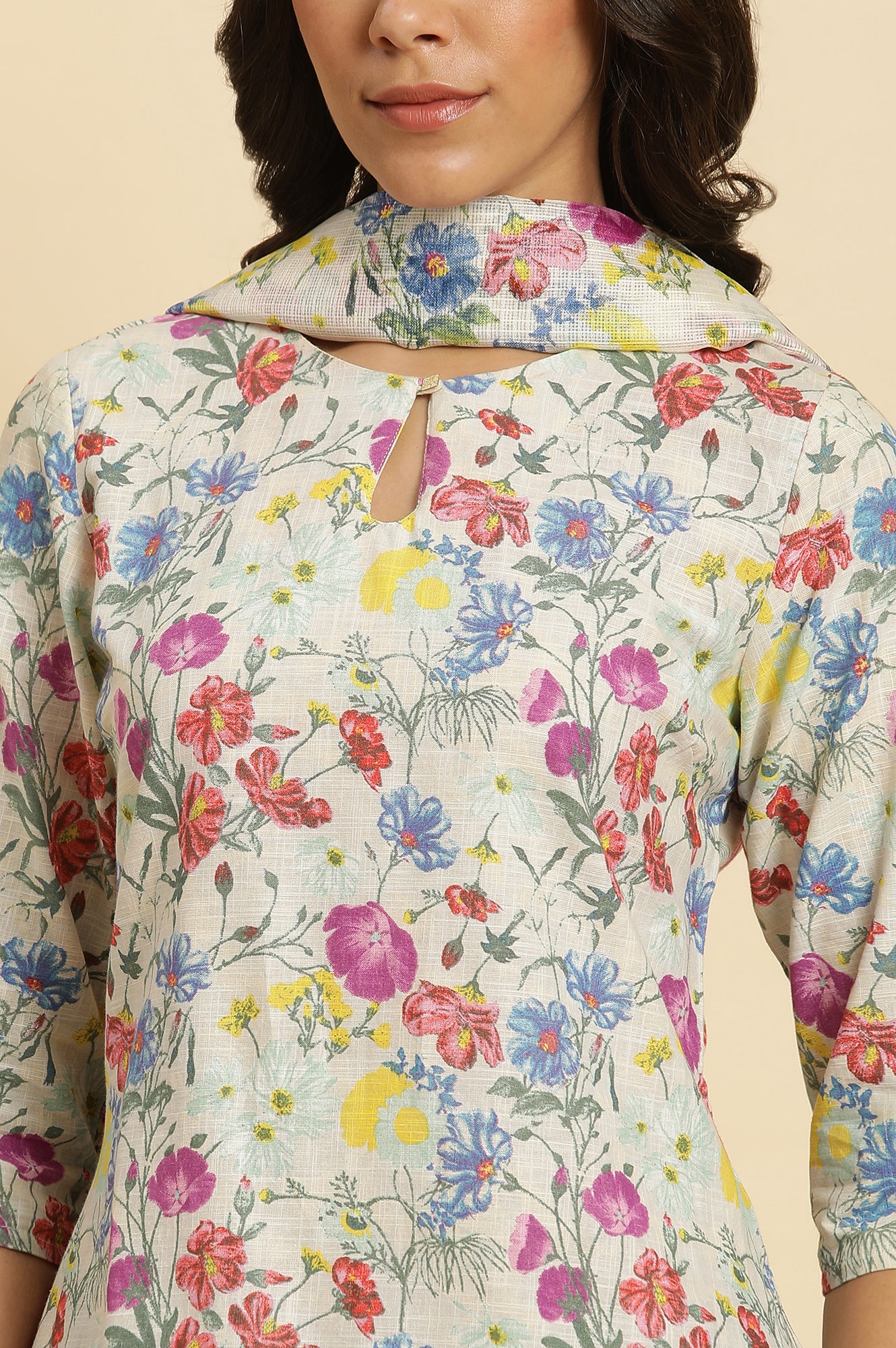 Ecru Floral Printed Kurta, Pants & Dupatta Set