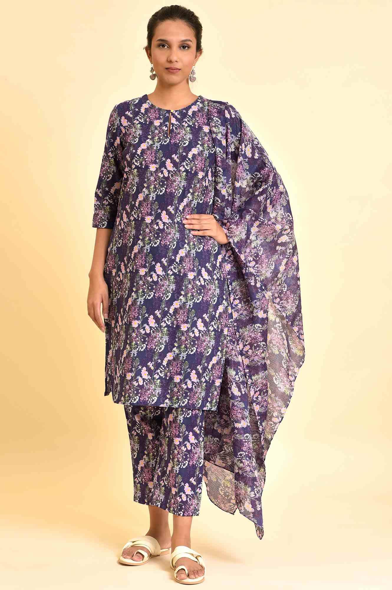 Purple Floral Printed Kurta, Pants & Dupatta Set - wforwoman