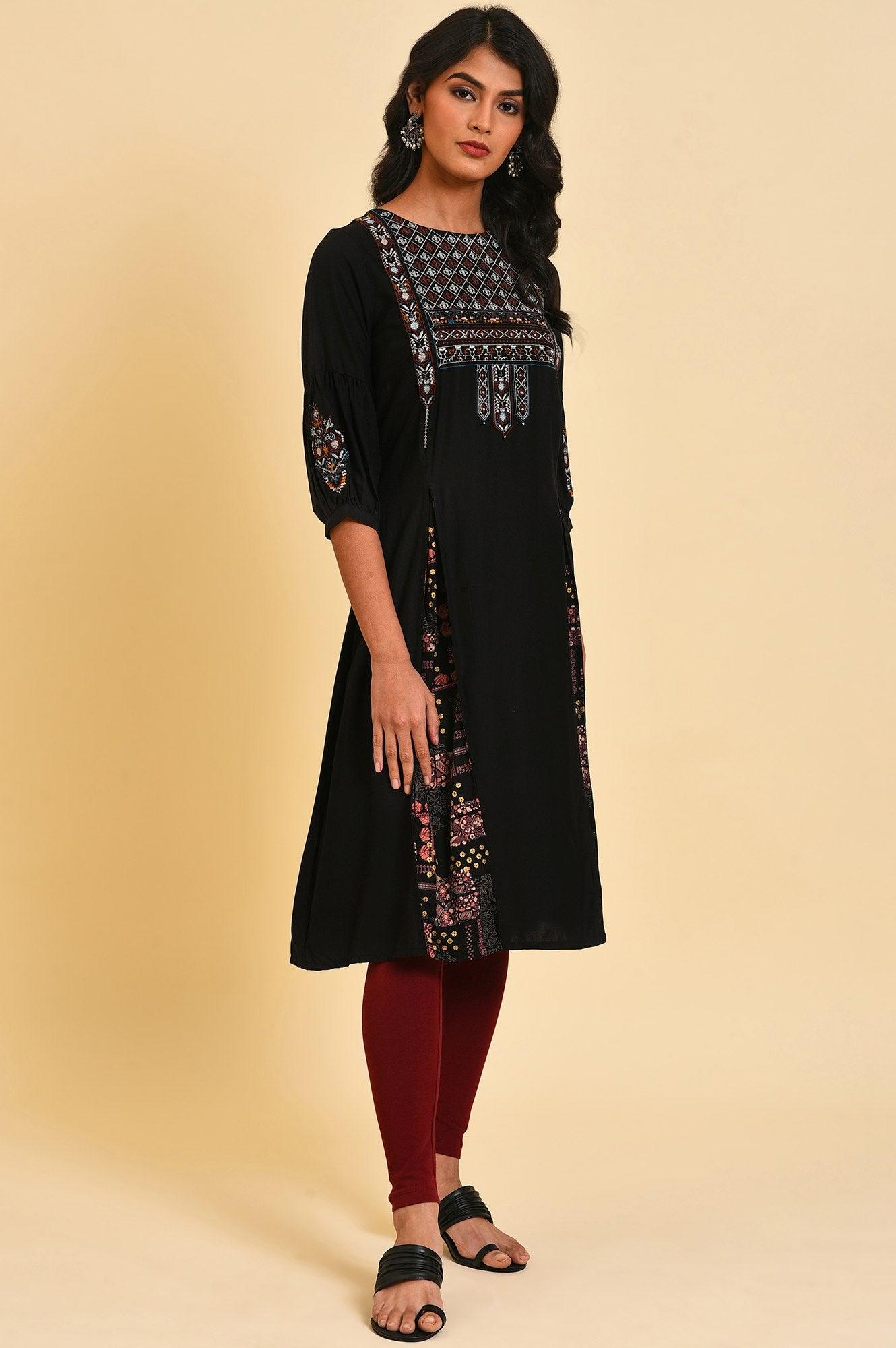 Black Embroidered Tunic And Tights Set - wforwoman
