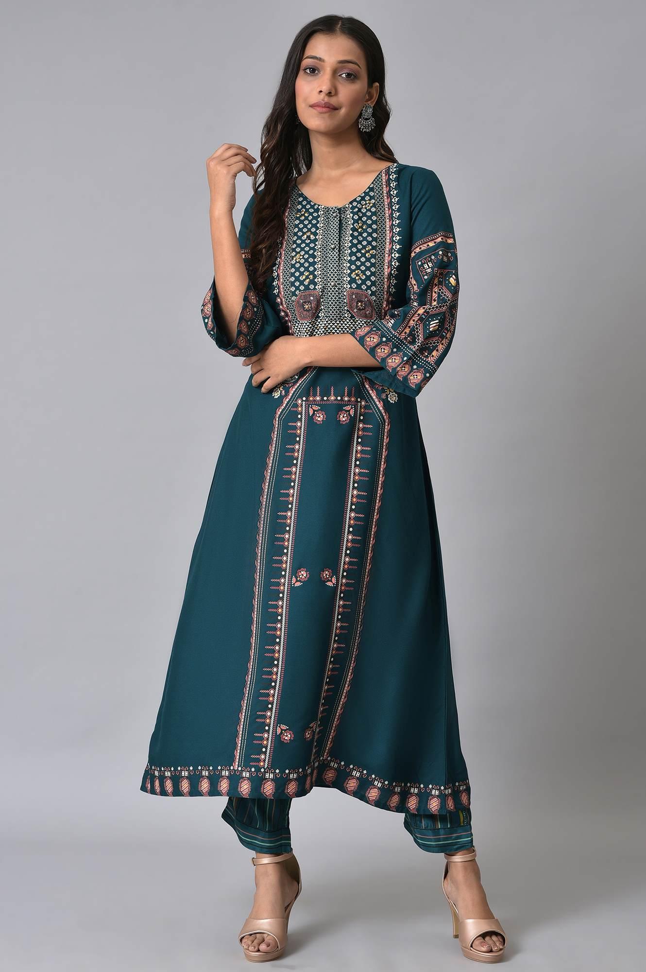 Teal Printed A-Line kurta Set - wforwoman