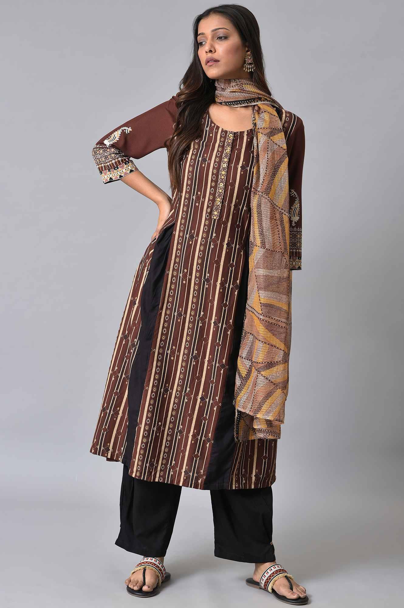 Brown Stripe Print kurta Set - wforwoman