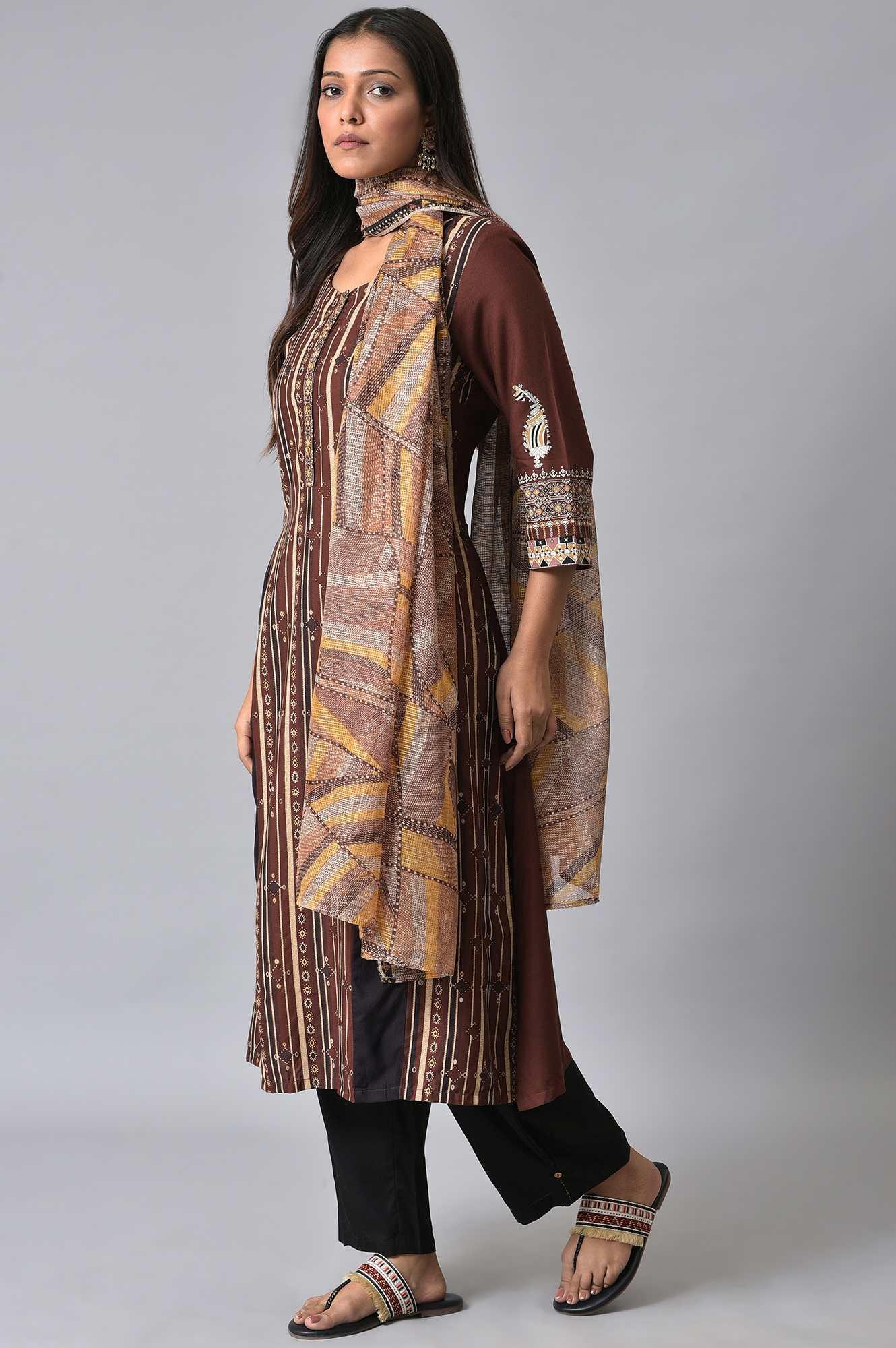 Brown Stripe Print kurta Set - wforwoman