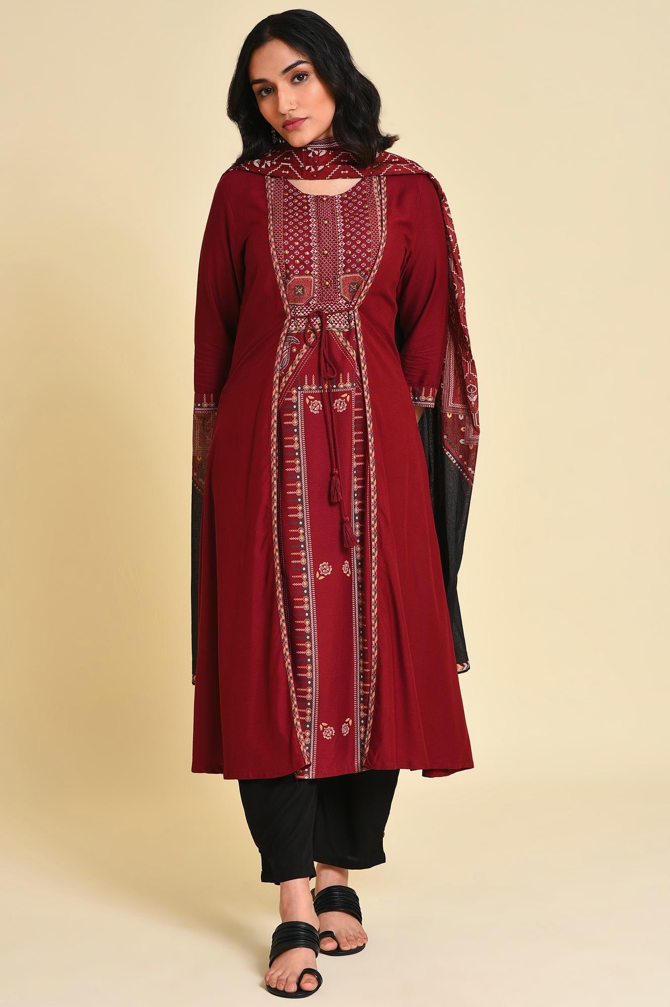 Red Mock Layer kurta Set - wforwoman