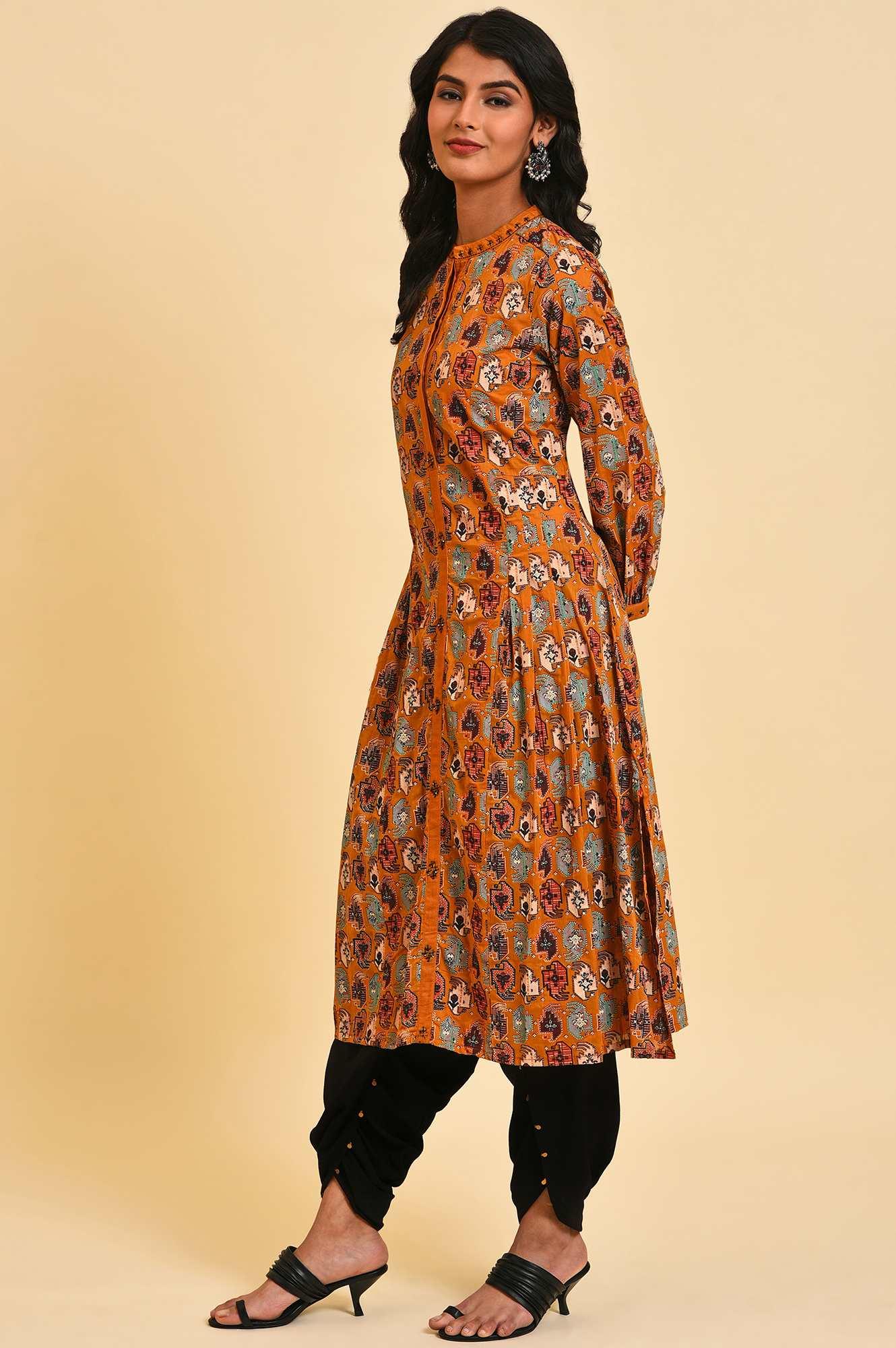 Dark Yellow Printed Shirt Dress Set - wforwoman