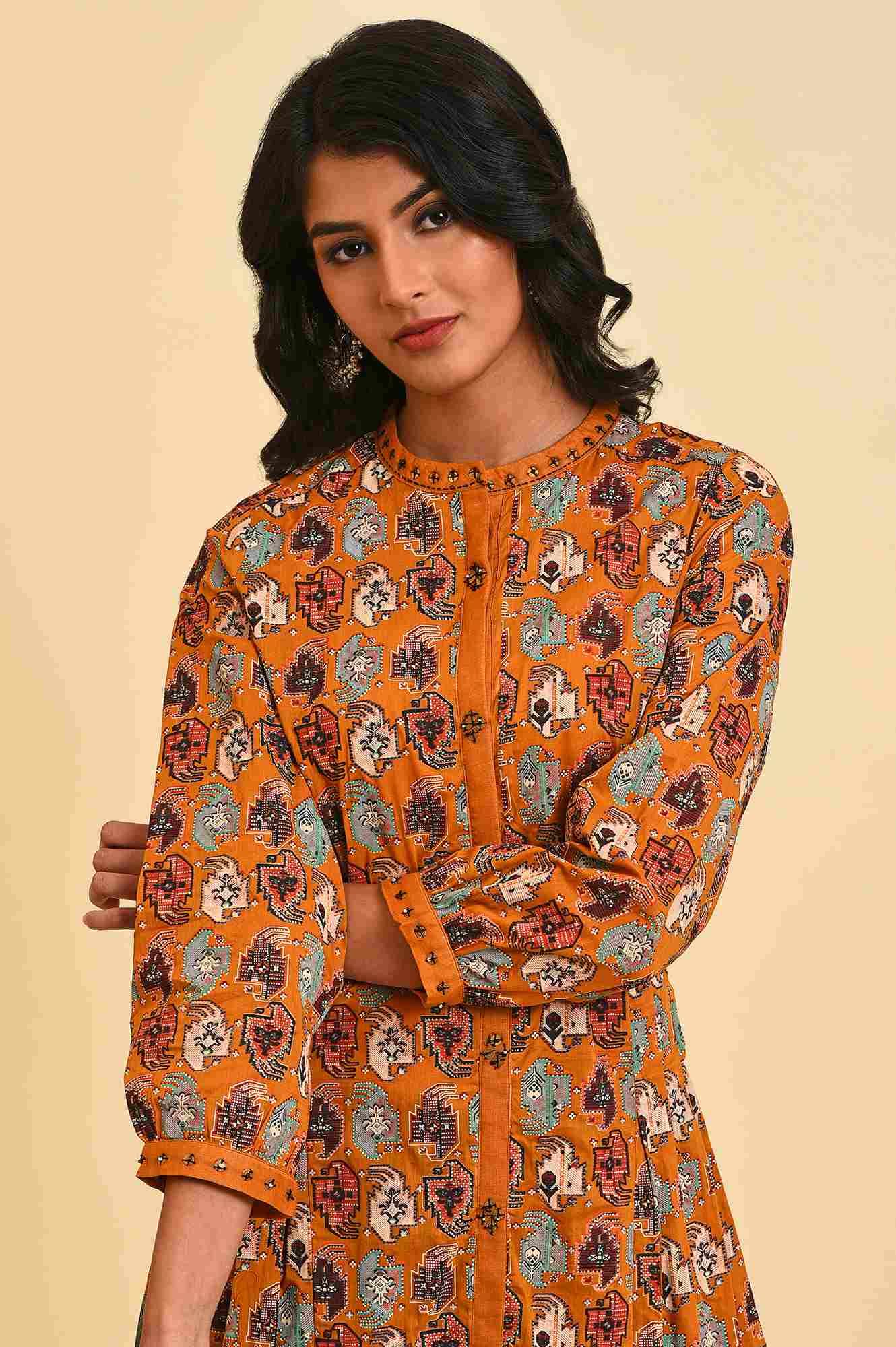 Dark Yellow Printed Shirt Dress Set - wforwoman