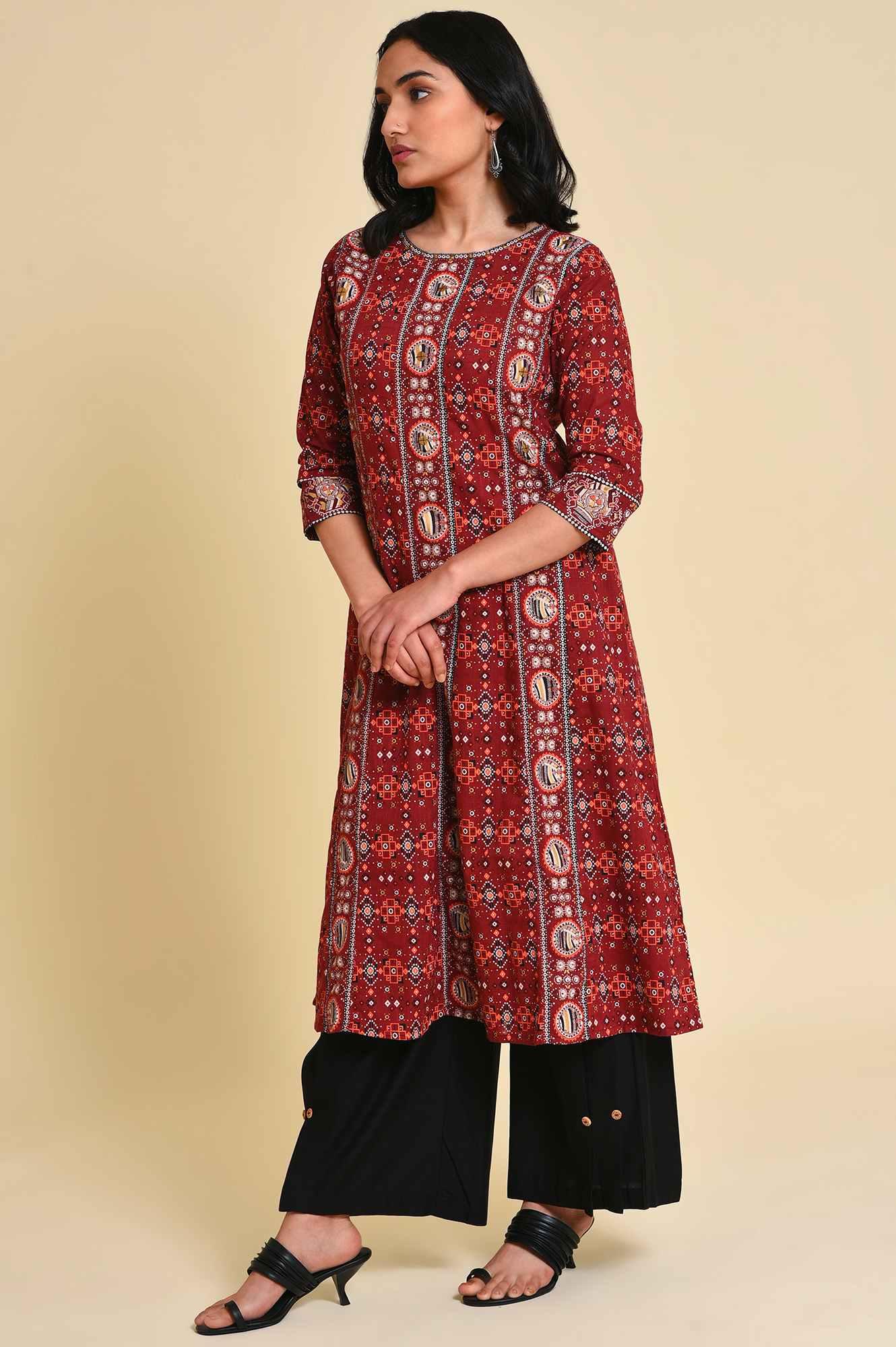 Dark Red A-Line kurta Set - wforwoman