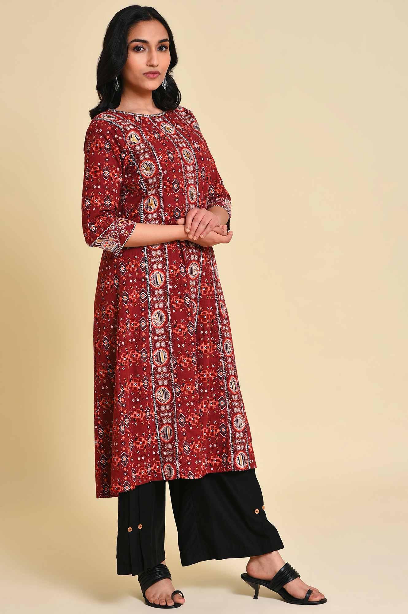 Dark Red A-Line kurta Set - wforwoman