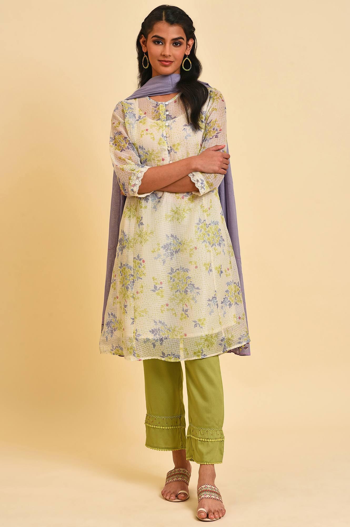 Ecru Kota Floral kurta Set - wforwoman
