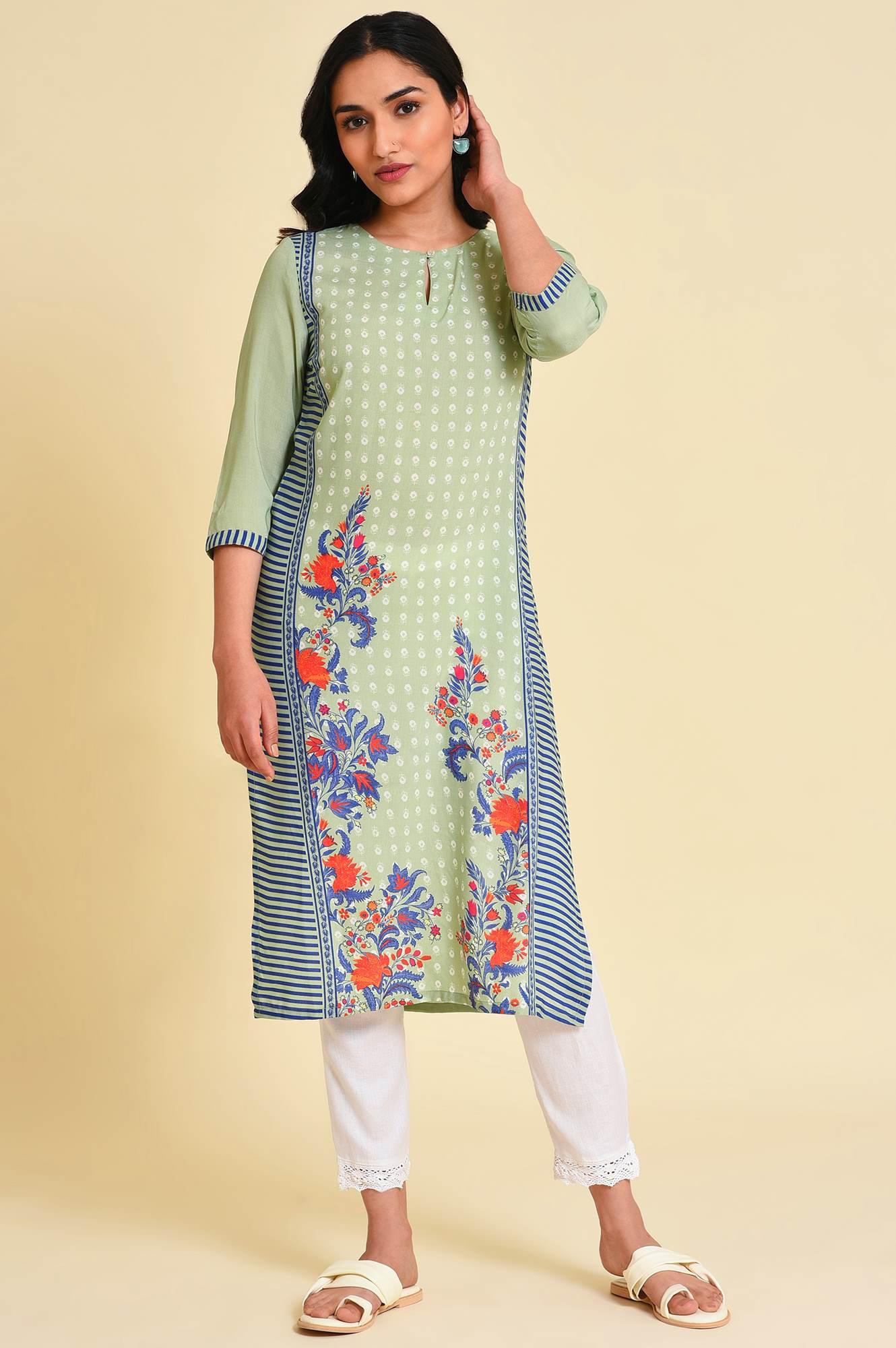 Green Print Mix kurta Set - wforwoman