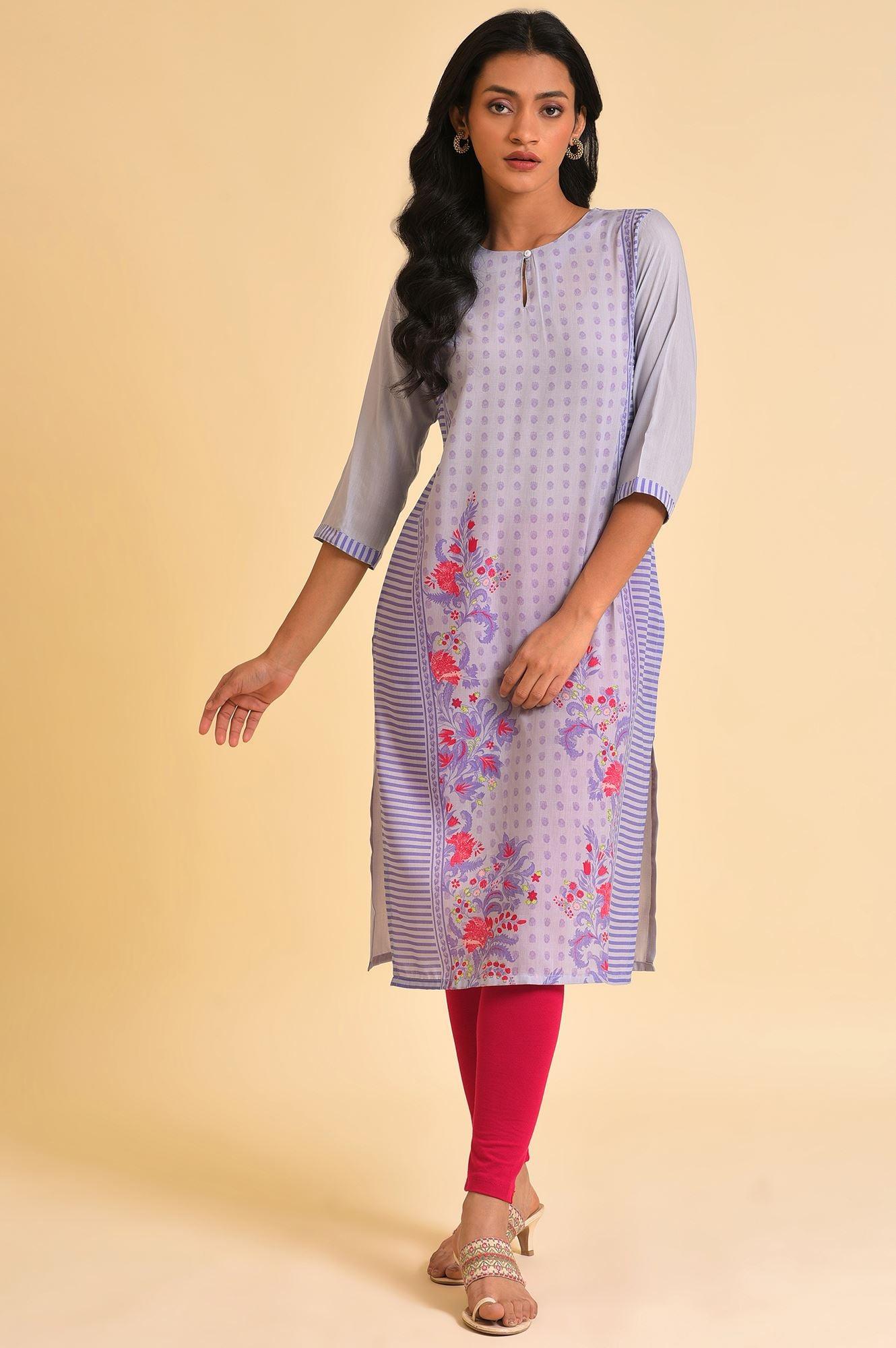 Purple Print Mix kurta & Tights Set - wforwoman