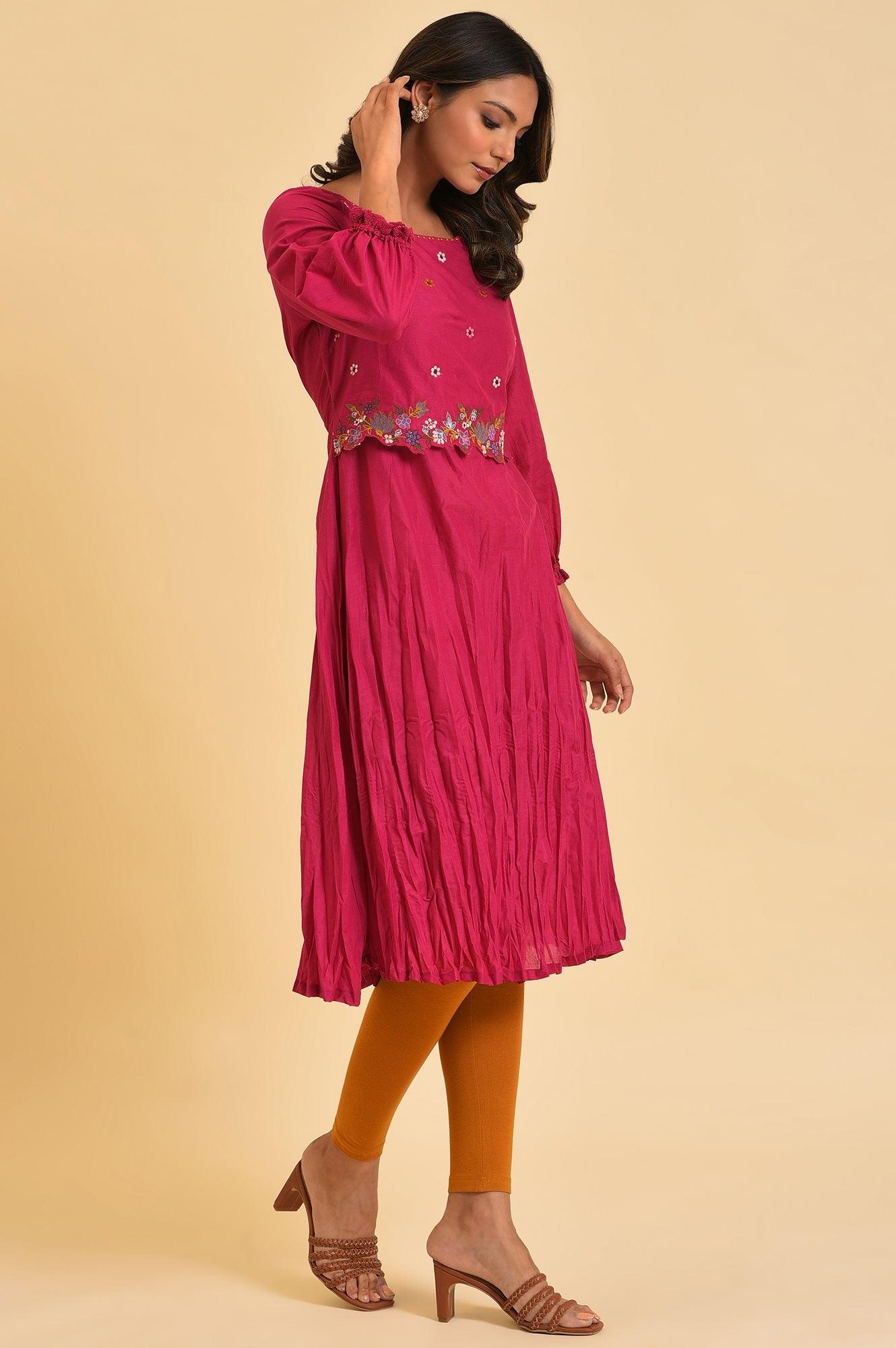 Berry Pink Embroidered kurta & Tights Set - wforwoman