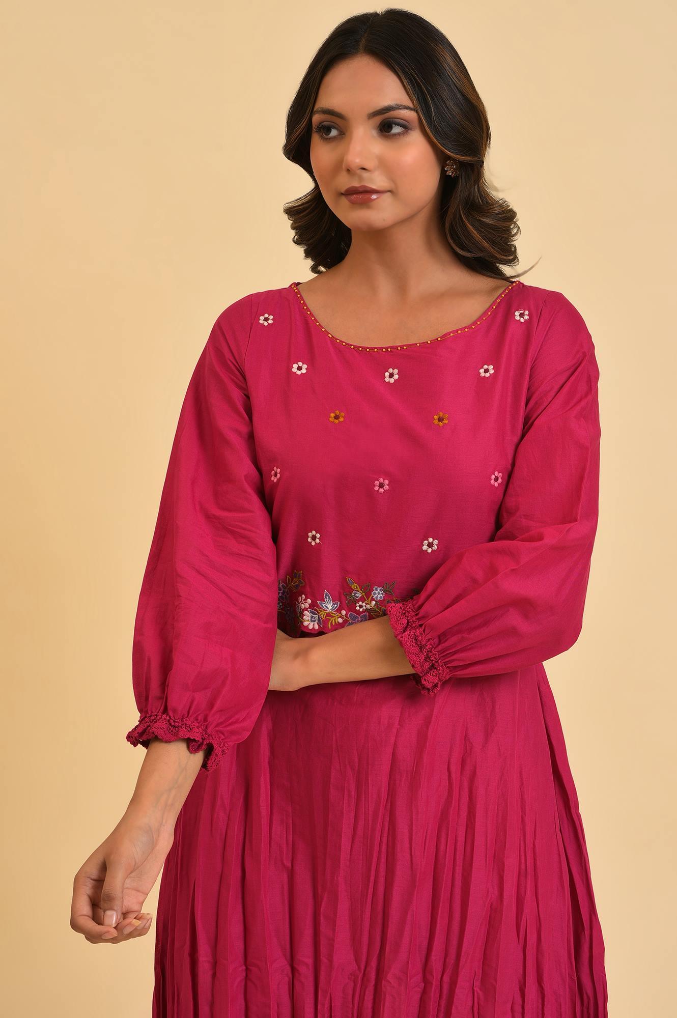 Berry Pink Embroidered kurta & Tights Set - wforwoman