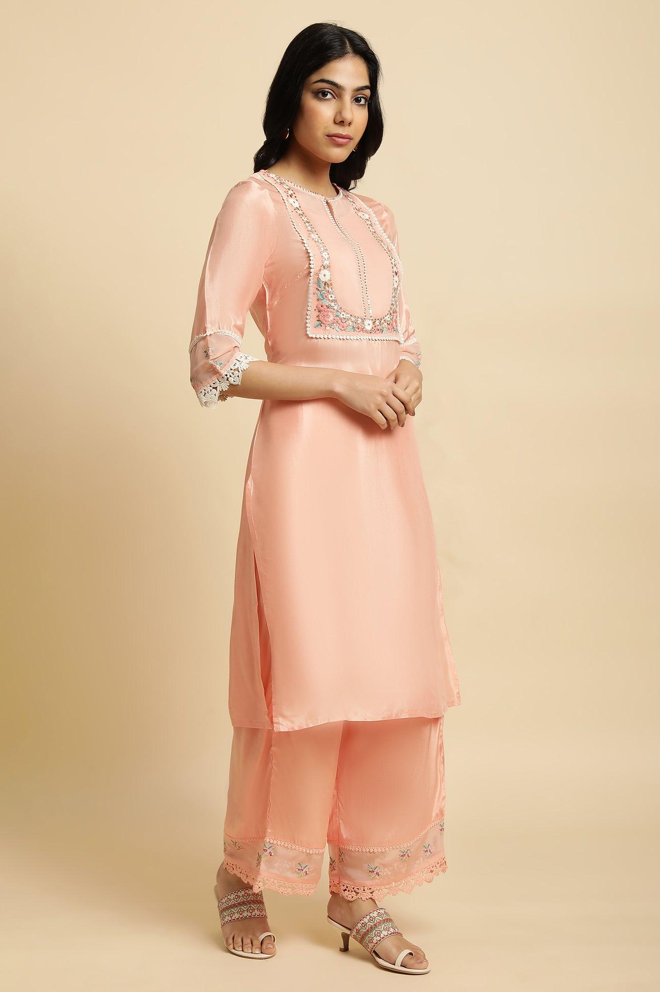 Peach Embroidered Kurta, Pants And Dupatta Set - wforwoman