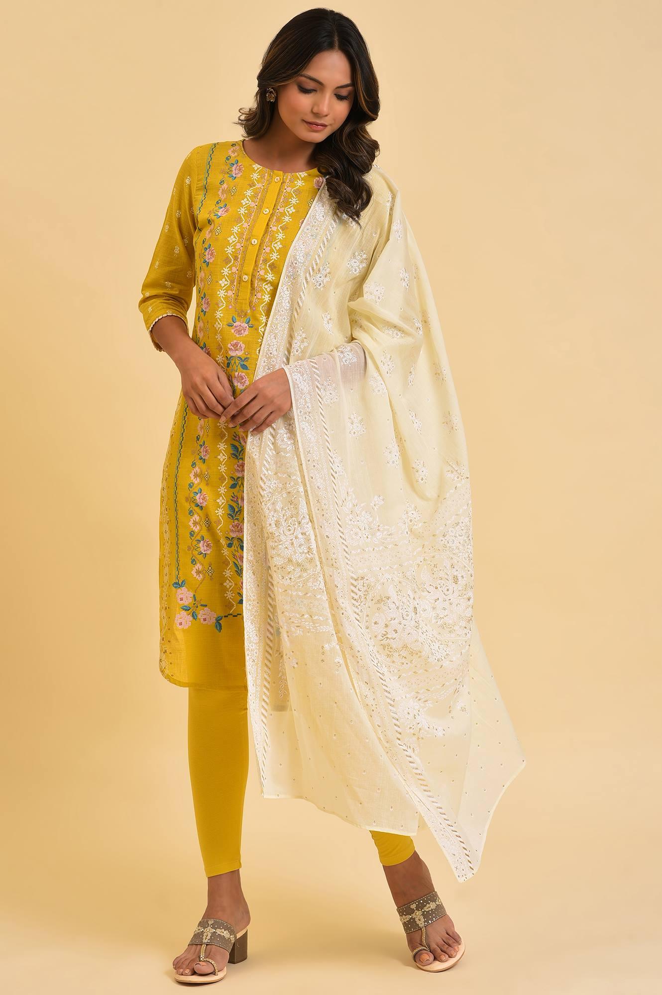 Yellow Printed kurta, Tights & Dupatta Set - wforwoman