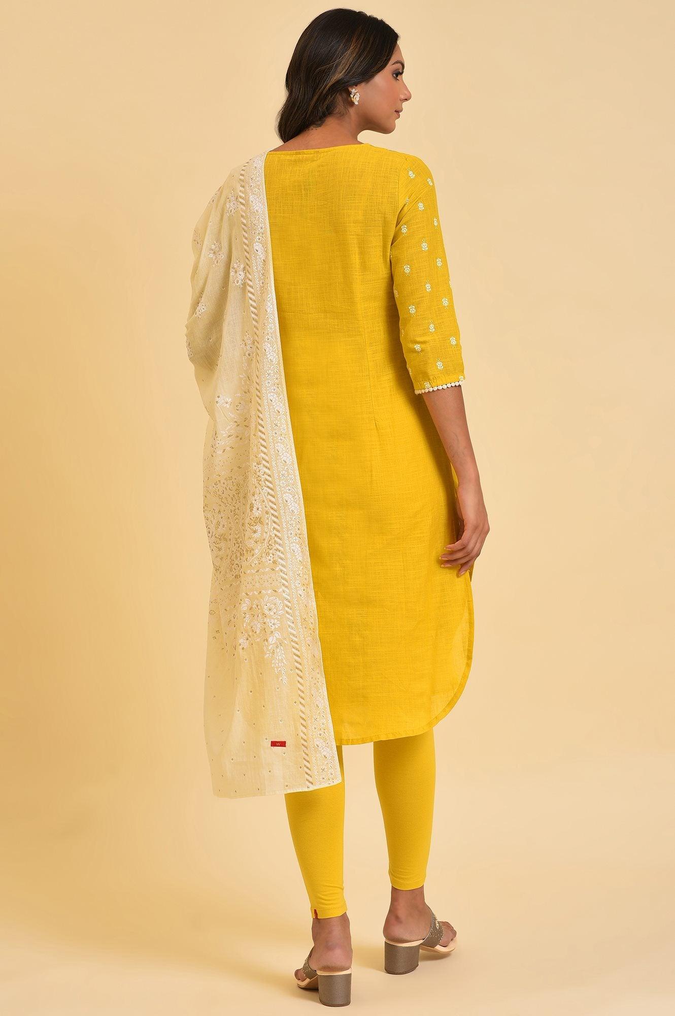 Yellow Printed kurta, Tights & Dupatta Set - wforwoman