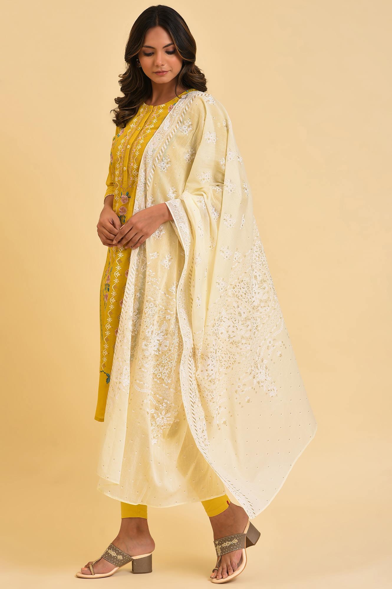 Yellow Printed kurta, Tights & Dupatta Set - wforwoman