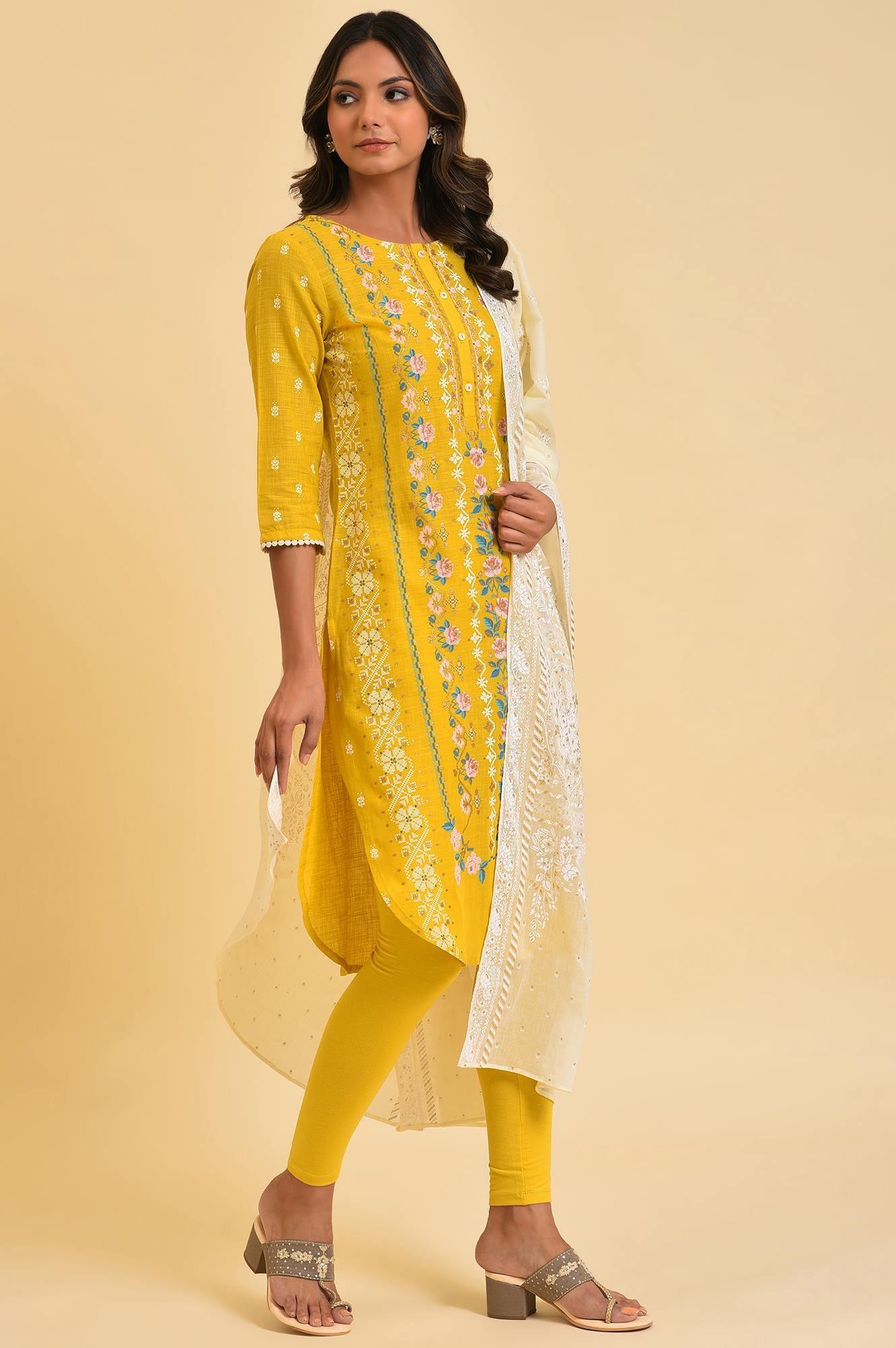 Yellow Printed kurta, Tights & Dupatta Set - wforwoman