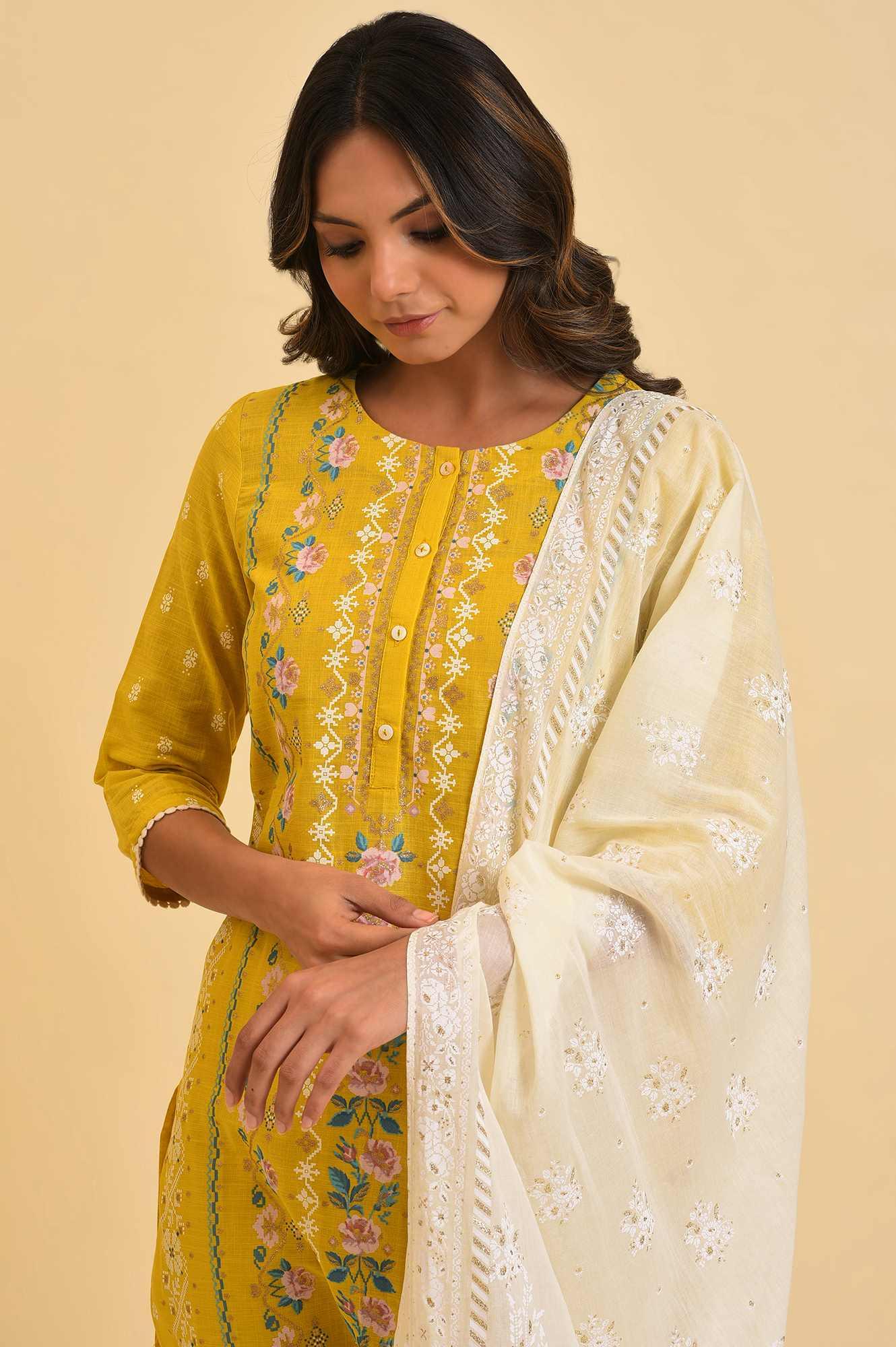 Yellow Printed kurta, Tights & Dupatta Set - wforwoman