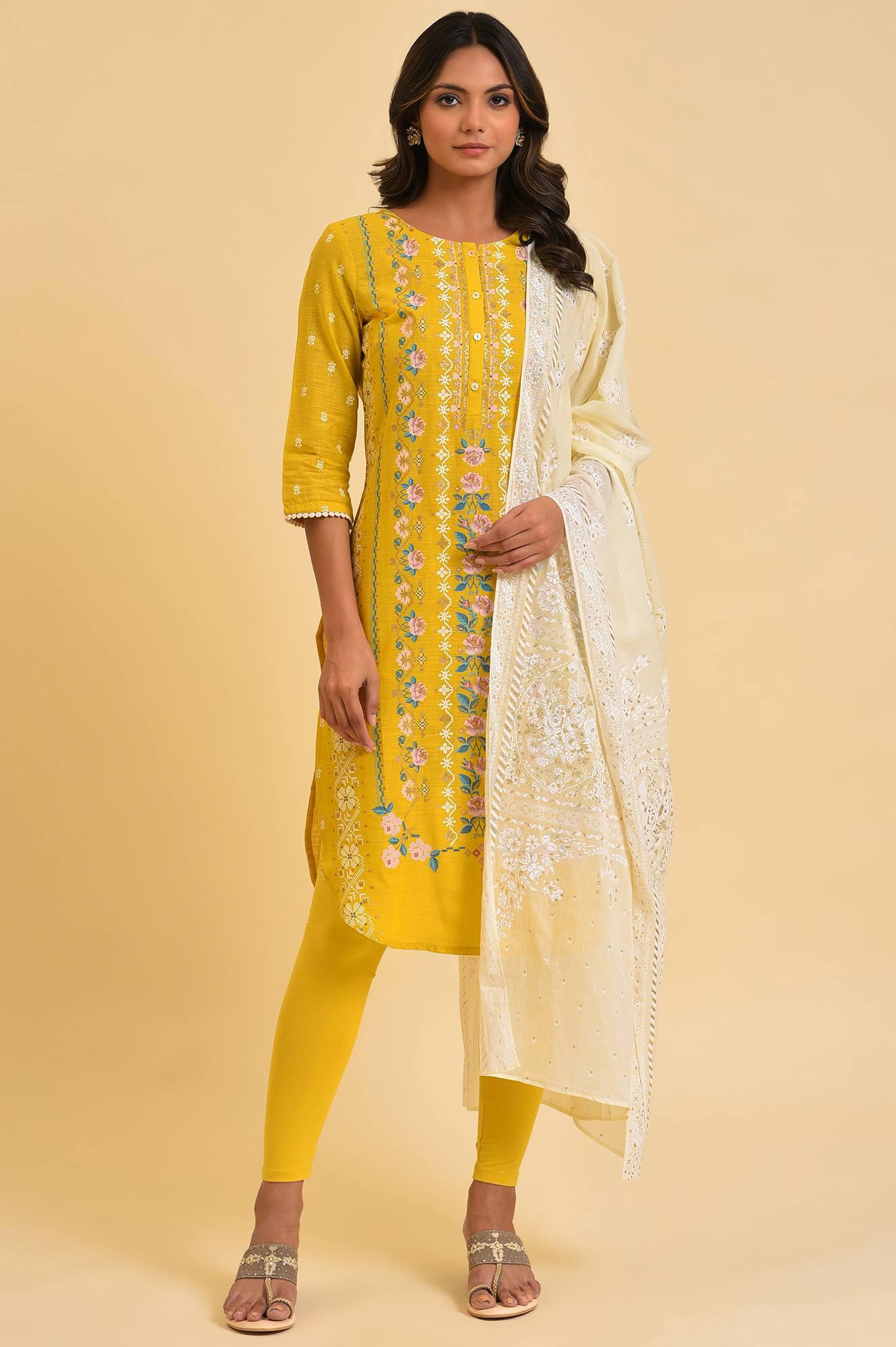 Yellow Printed kurta, Tights & Dupatta Set - wforwoman