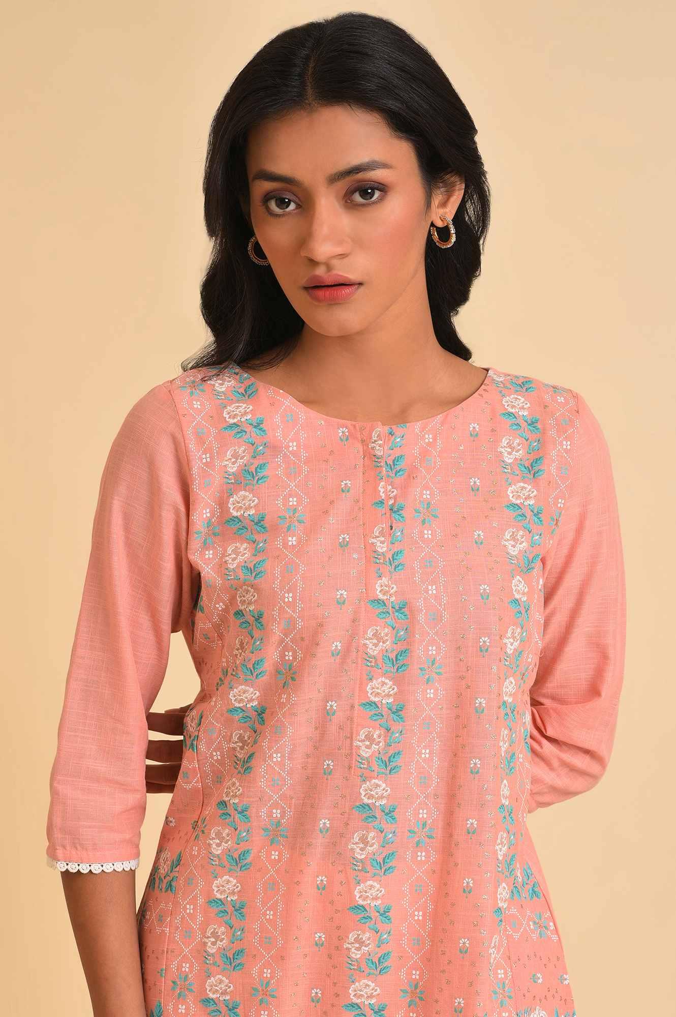 Peach Glitter Printed A-Line kurta & Pants Set - wforwoman