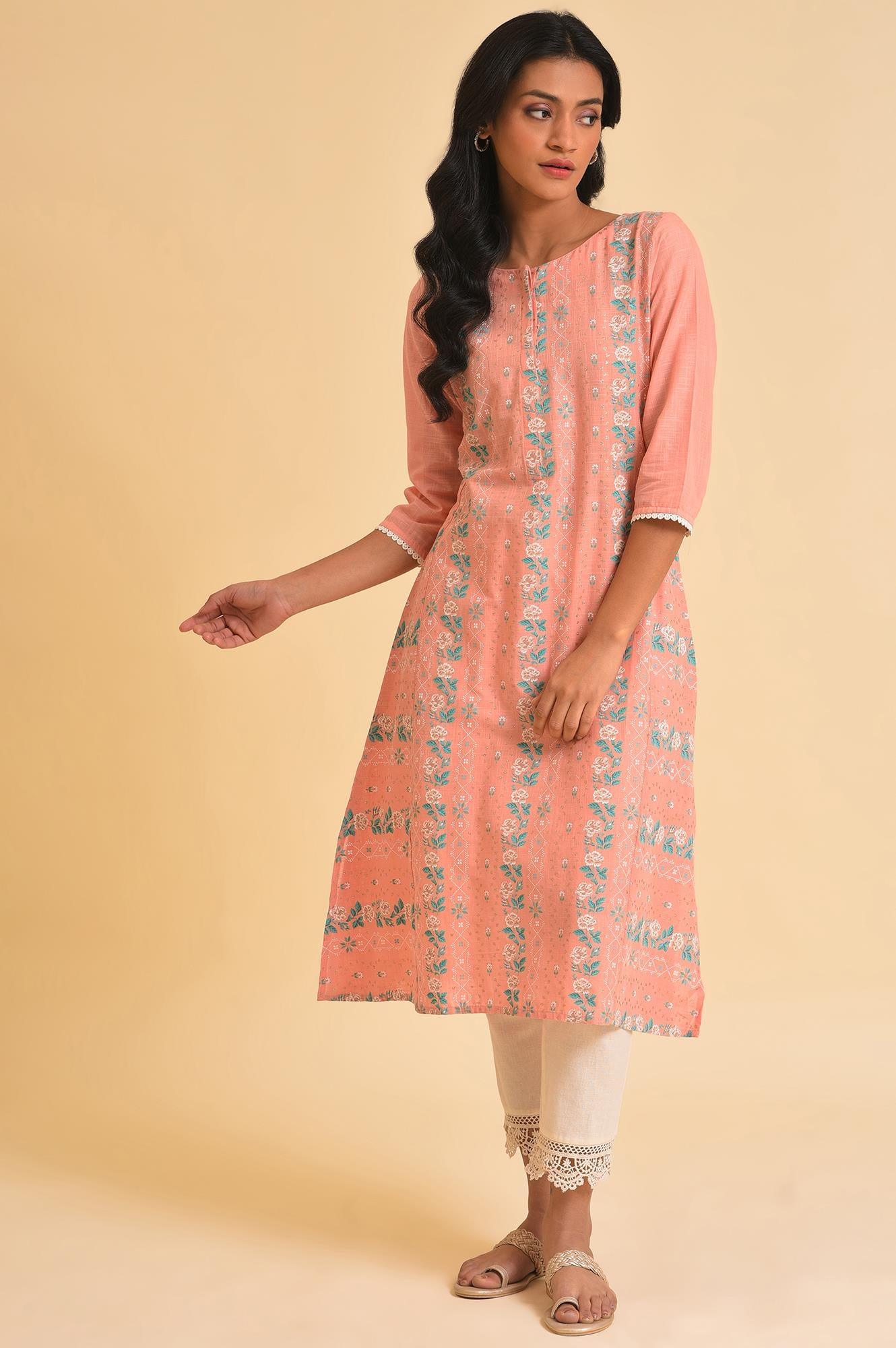 Peach Glitter Printed A-Line kurta & Pants Set - wforwoman