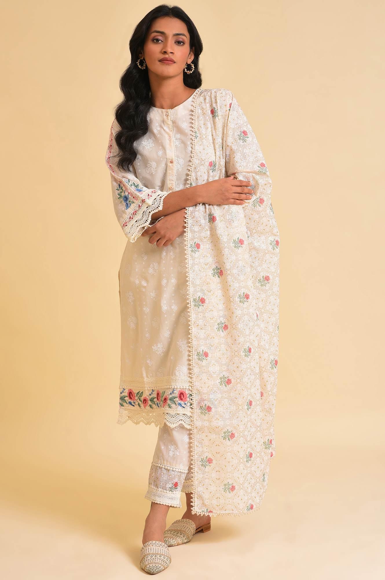 Ecru Printed Festive kurta, Pants & Dupatta Set - wforwoman