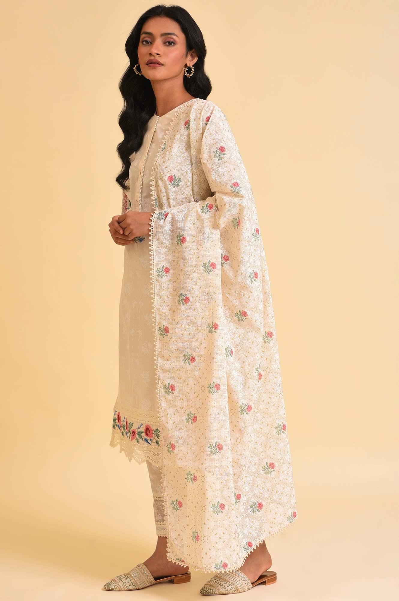Ecru Printed Festive kurta, Pants & Dupatta Set - wforwoman