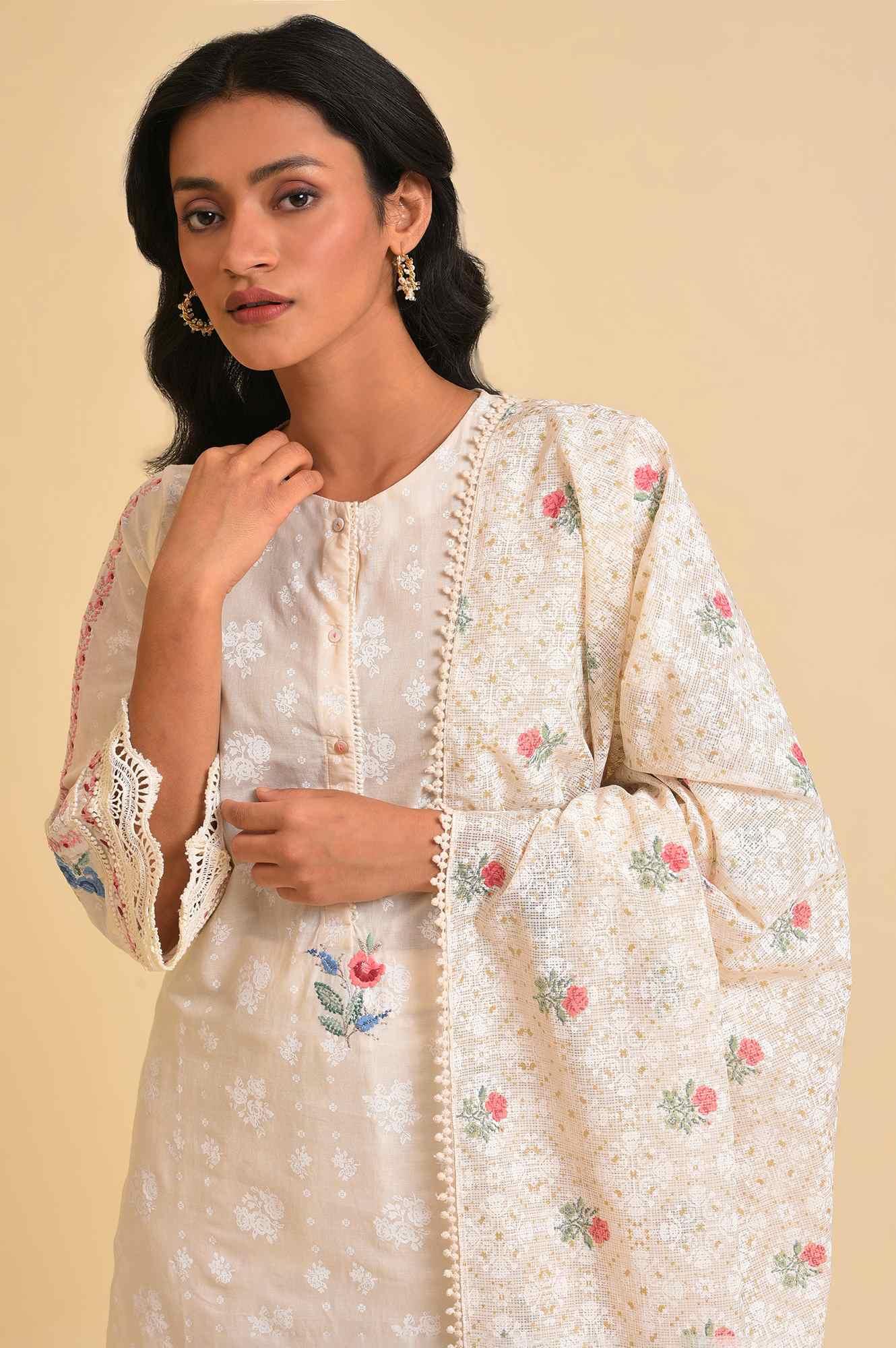 Ecru Printed Festive kurta, Pants & Dupatta Set - wforwoman