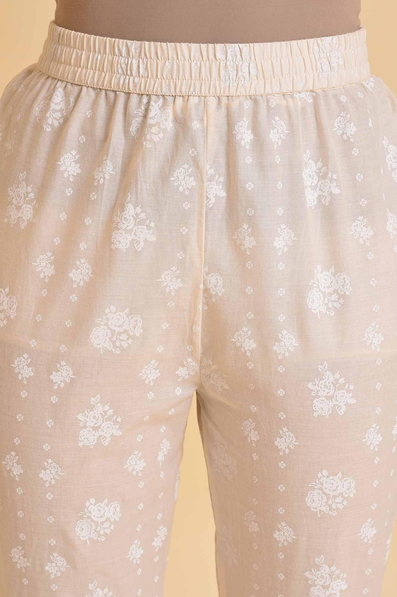 Ecru Printed Festive kurta, Pants & Dupatta Set - wforwoman