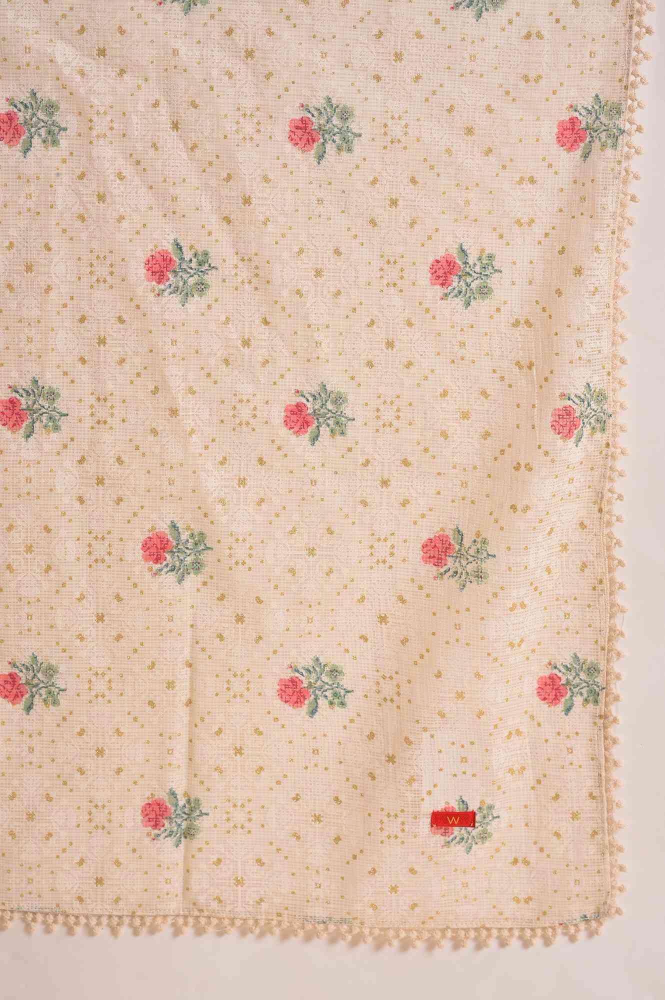 Ecru Printed Festive kurta, Pants & Dupatta Set - wforwoman