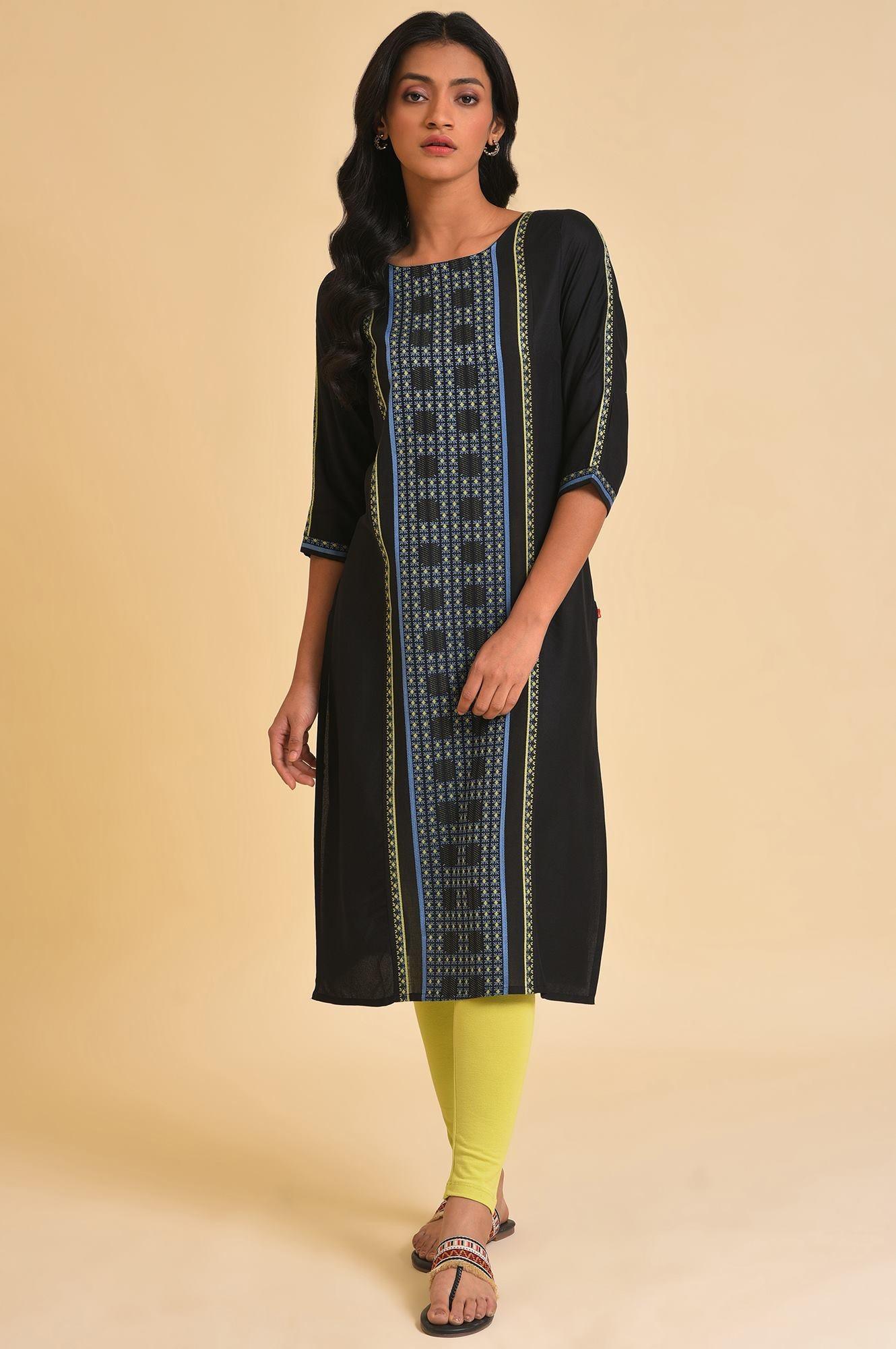 Black Printed kurta & Tights Set - wforwoman