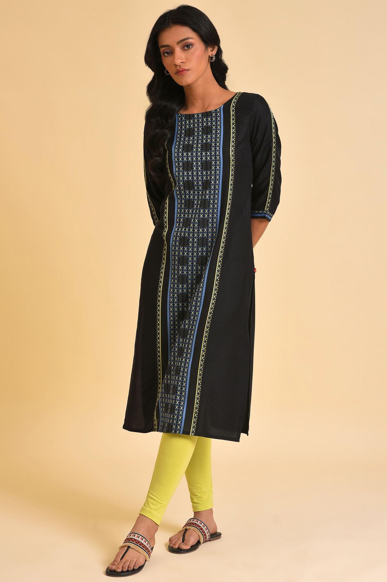 Black Printed kurta & Tights Set - wforwoman