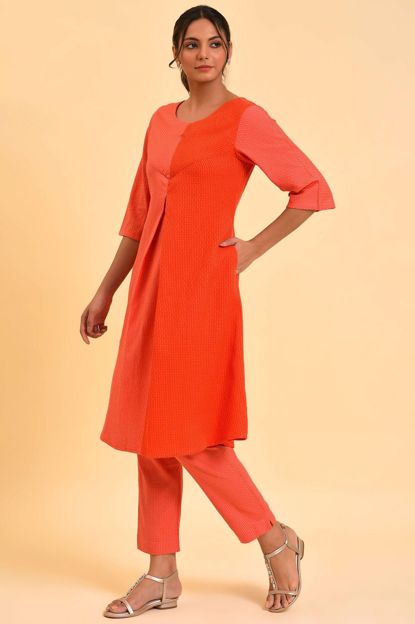 Red Dual Tone Cotton kurta & Slim Pants Co-Ord Set - wforwoman