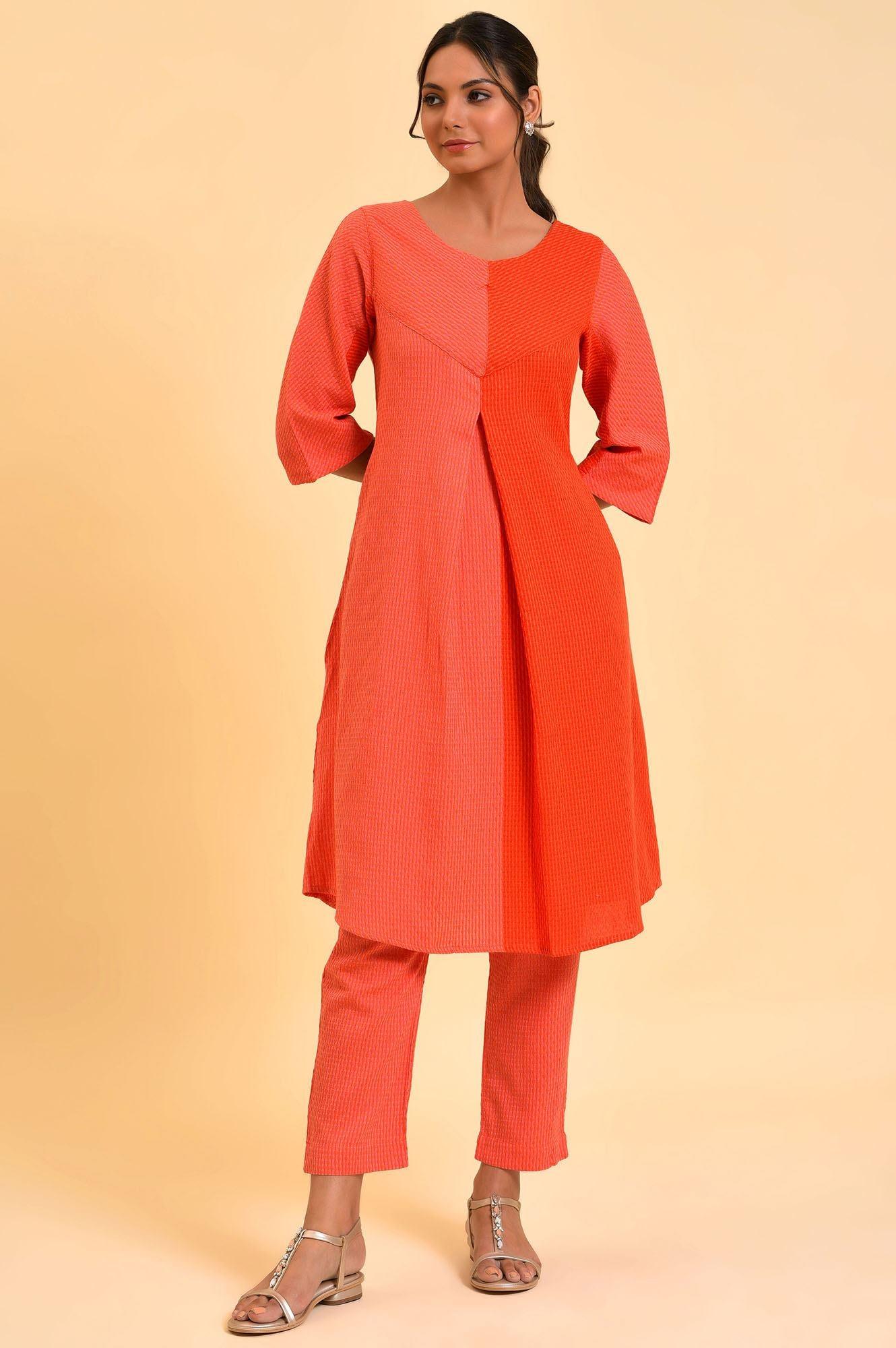 Red Dual Tone Cotton kurta & Slim Pants Co-Ord Set - wforwoman