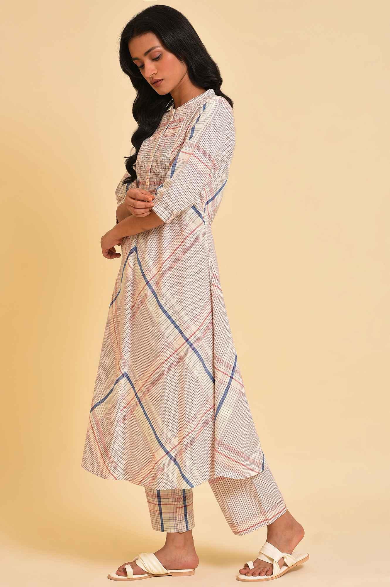 Ecru Bold Checks A-Line kurta & Pants Co-Ord Set - wforwoman
