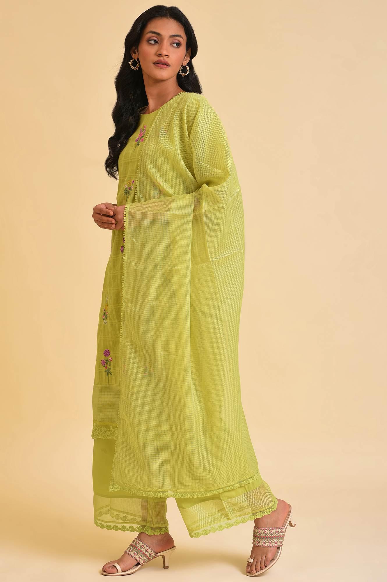 Light Green Textured Cotton Embroidered kurta, Parallel Pants & Dupatta Set - wforwoman