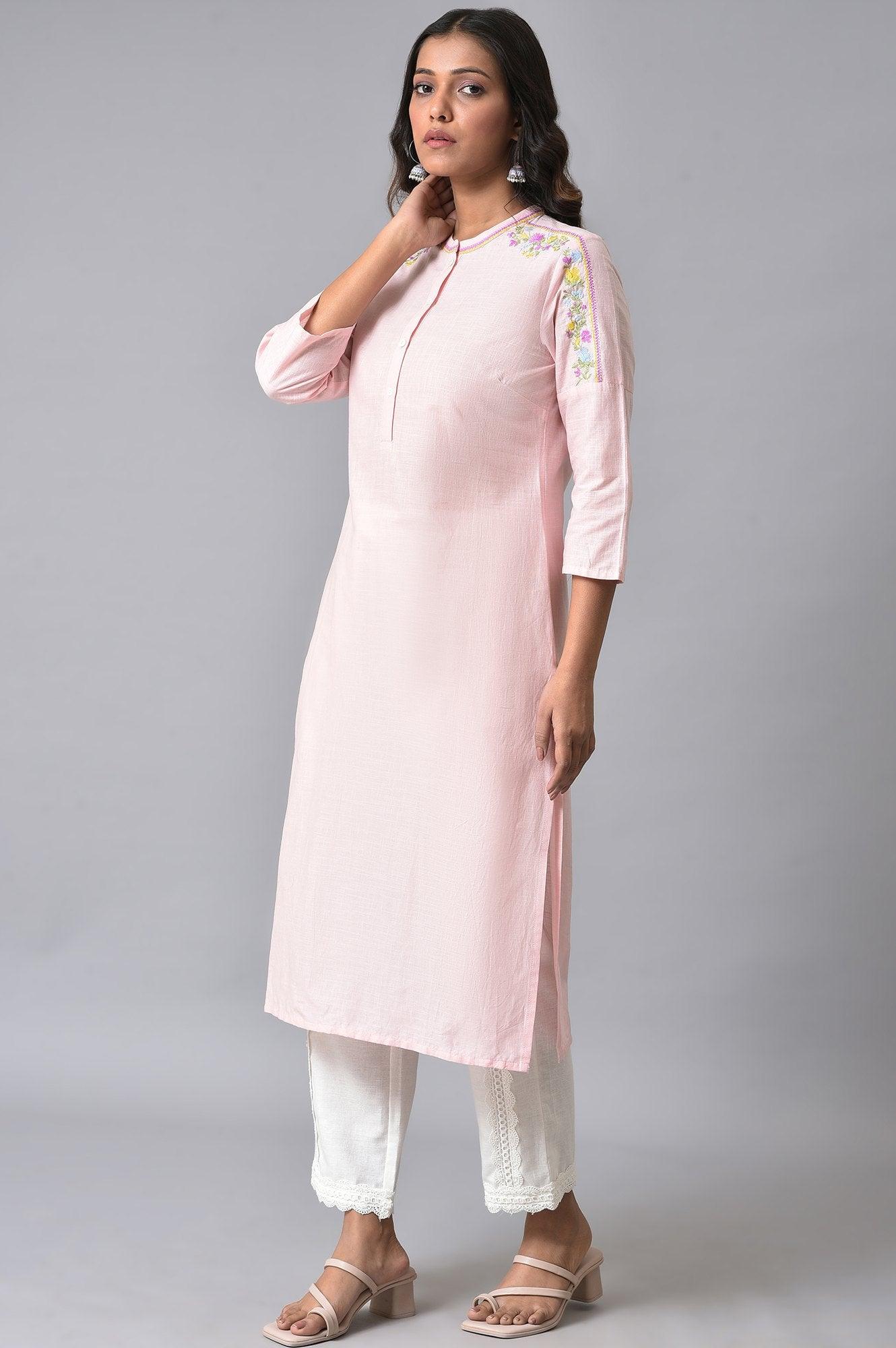 Light Pink Mandarin Collar Embroidered kurta Set - wforwoman